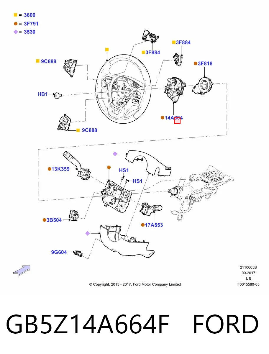 GB5Z14A664F Ford Anel AIRBAG de contato, cabo plano do volante