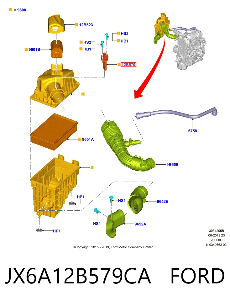 JX6A12B579CA Ford Sensor de fluxo (consumo) de ar, medidor de consumo M.A.F. - (Mass Airflow)