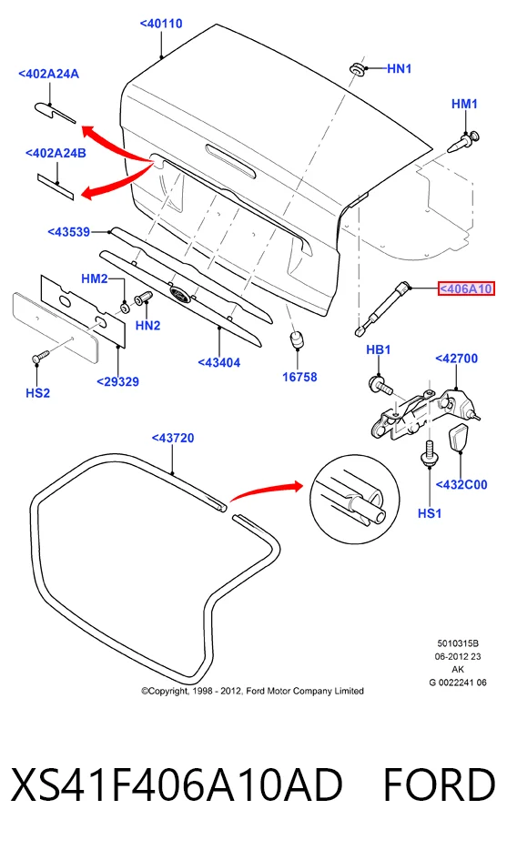 XS41F406A10AD Ford Amortecedor de tampa de porta-malas (de 3ª/5ª porta traseira)