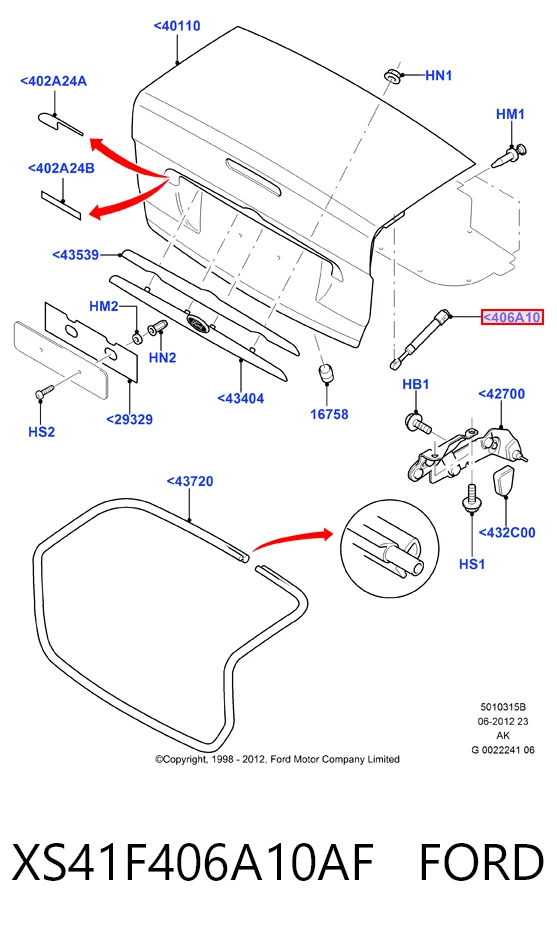 XS41F406A10AF Ford Amortecedor de tampa de porta-malas (de 3ª/5ª porta traseira)