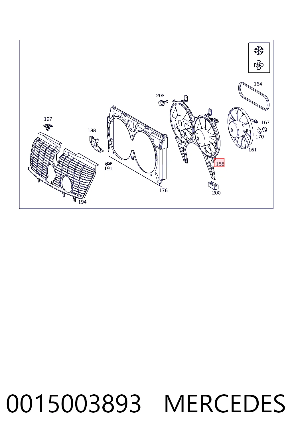 0015003893 Mercedes Difusor do radiador de aparelho de ar condicionado, montado com roda de aletas e o motor