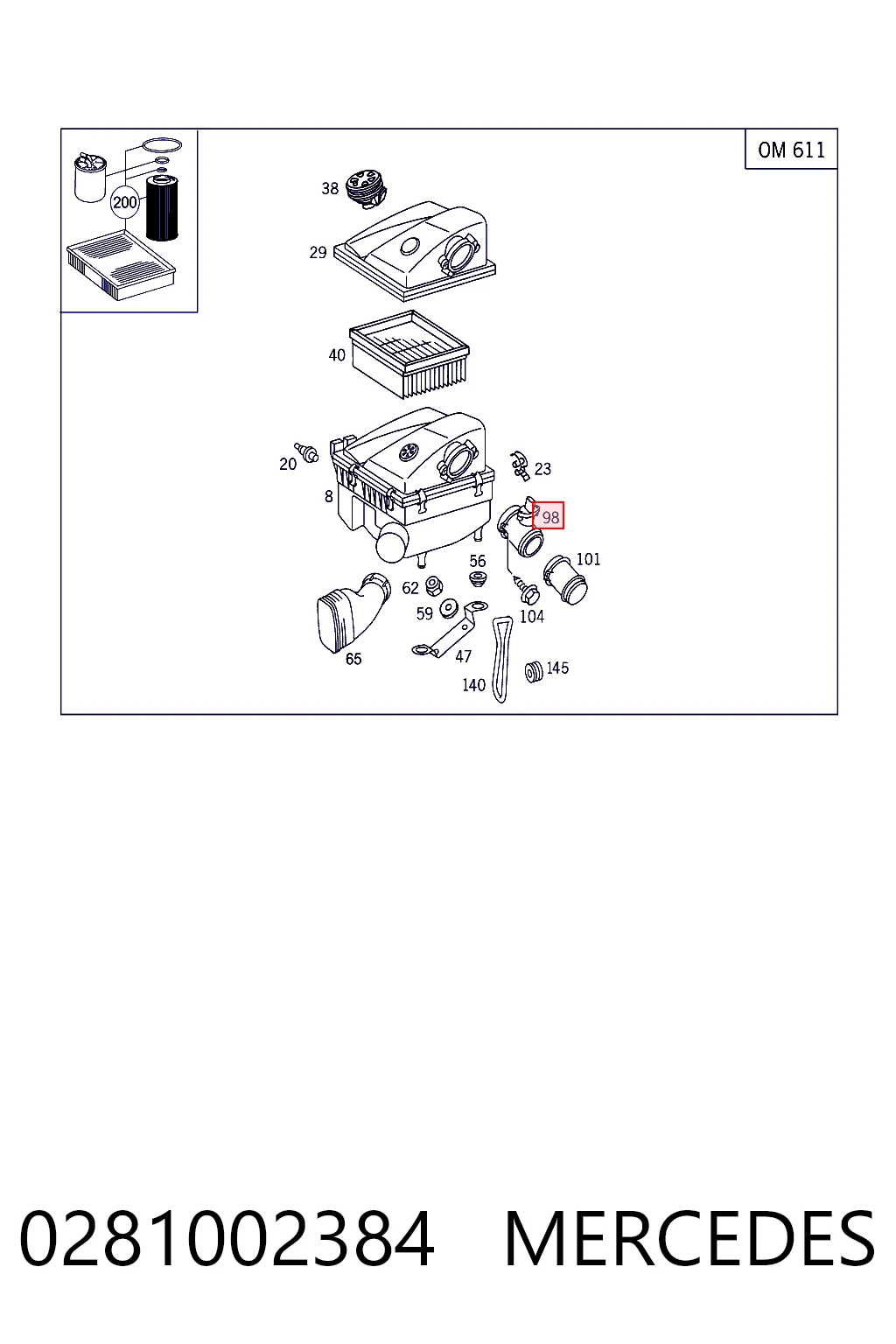 0281002384 Mercedes Sensor de fluxo (consumo) de ar, medidor de consumo M.A.F. - (Mass Airflow)