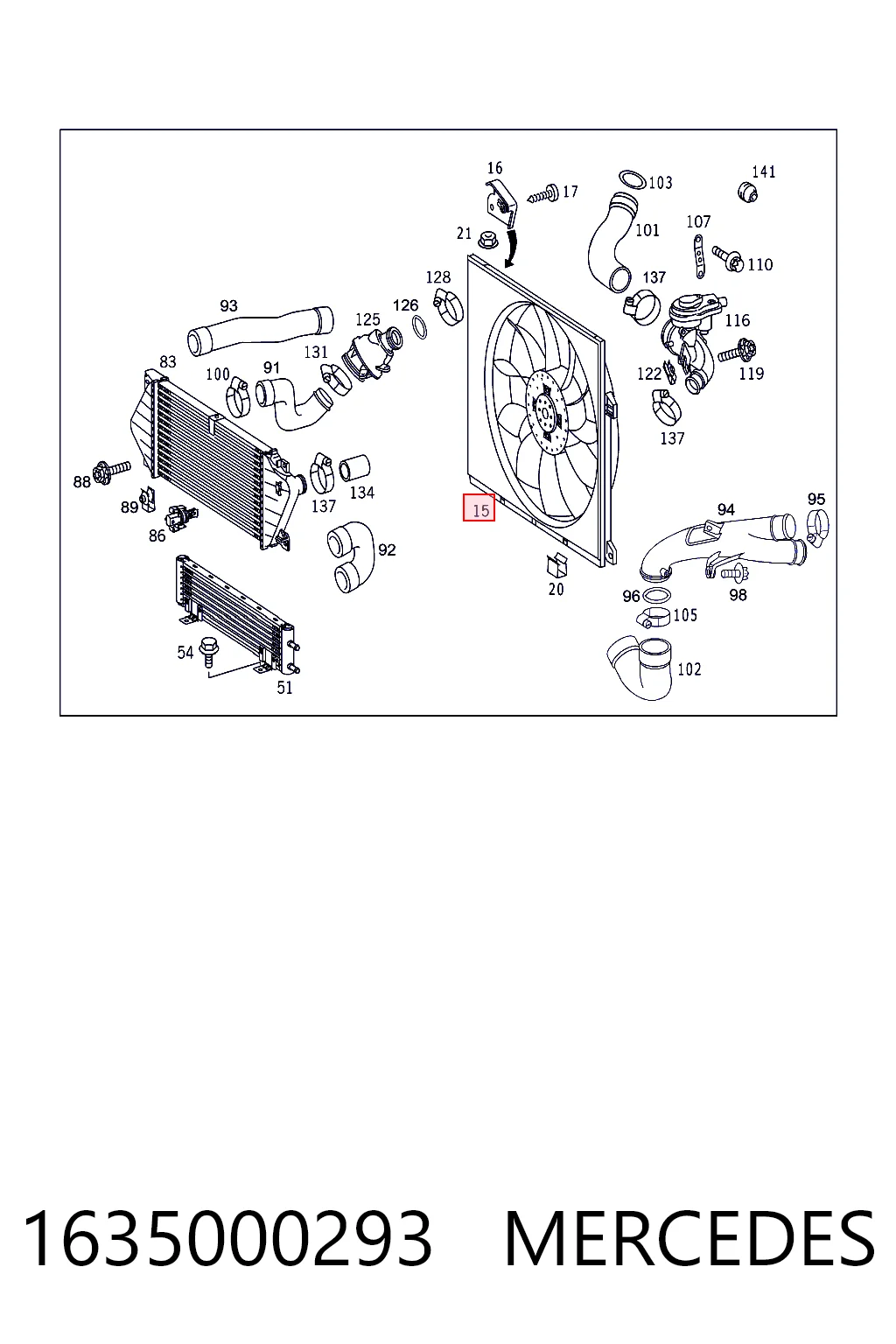 1635000293 Mercedes Difusor do radiador de esfriamento, montado com motor e roda de aletas