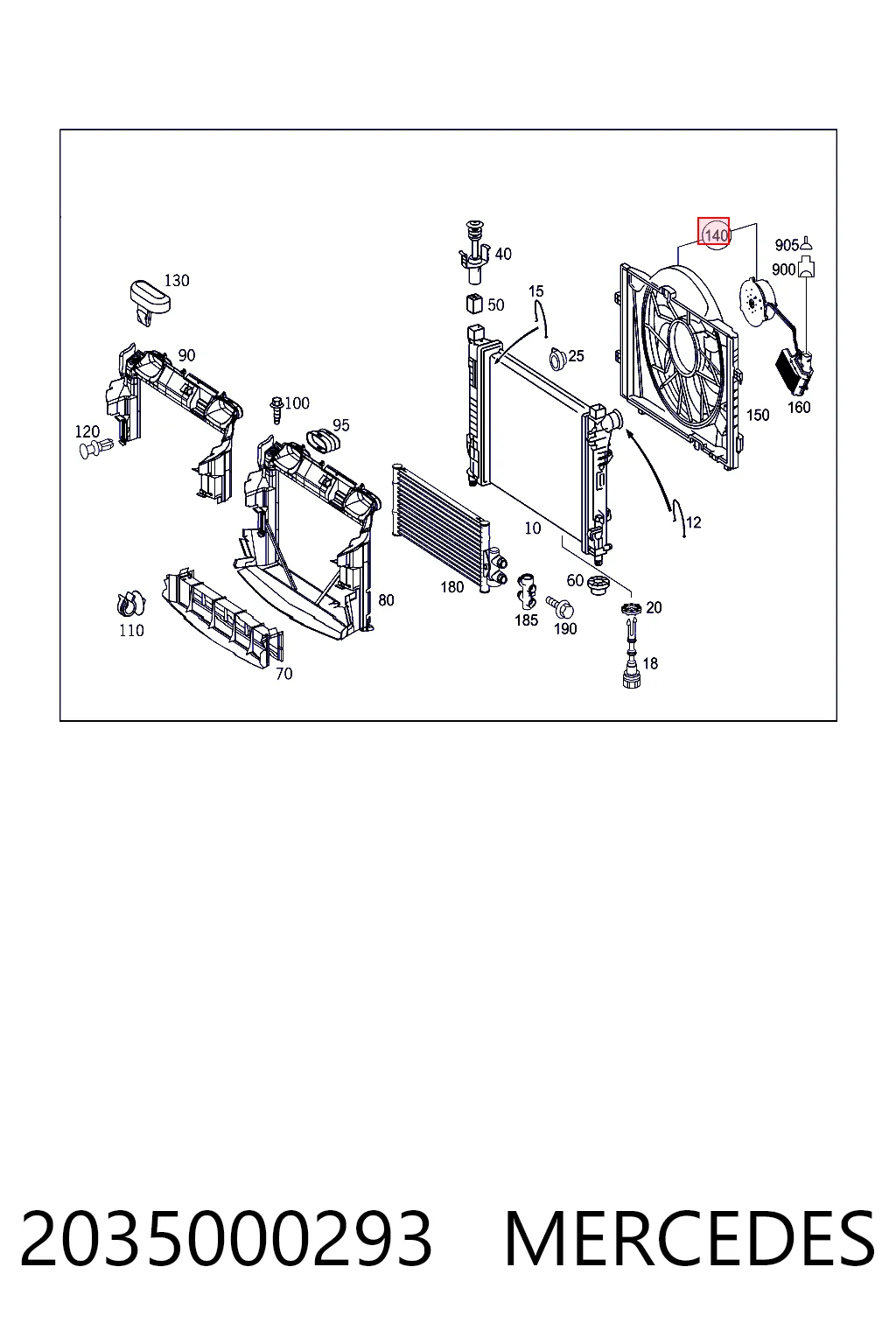 2035000293 Mercedes Difusor do radiador de esfriamento, montado com motor e roda de aletas