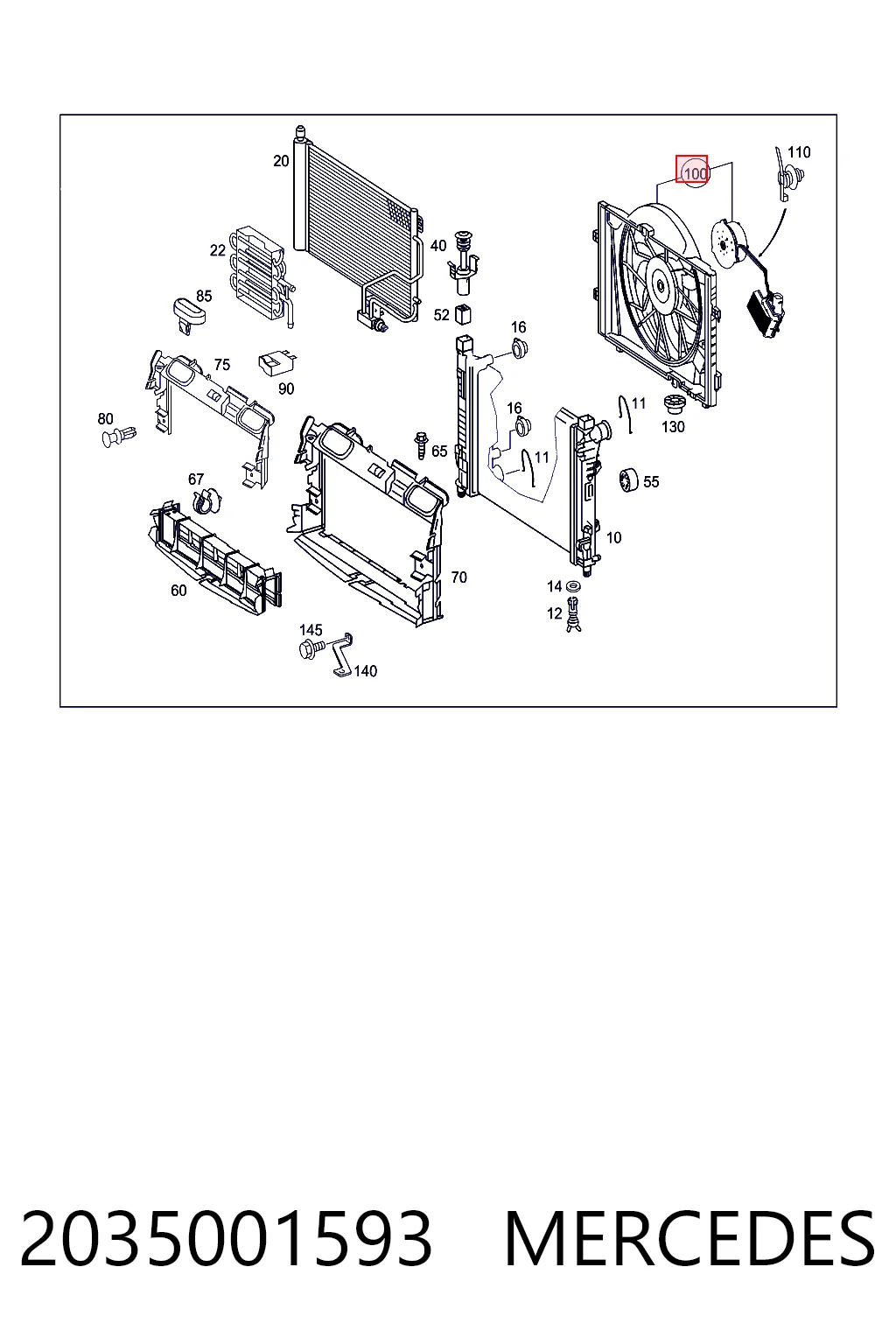 2035001593 Mercedes Difusor do radiador de esfriamento, montado com motor e roda de aletas