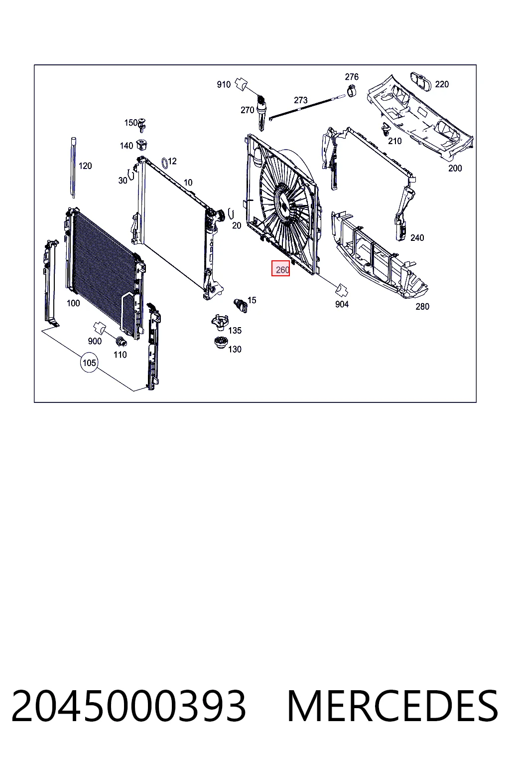 2045000393 Mercedes Difusor do radiador de esfriamento, montado com motor e roda de aletas
