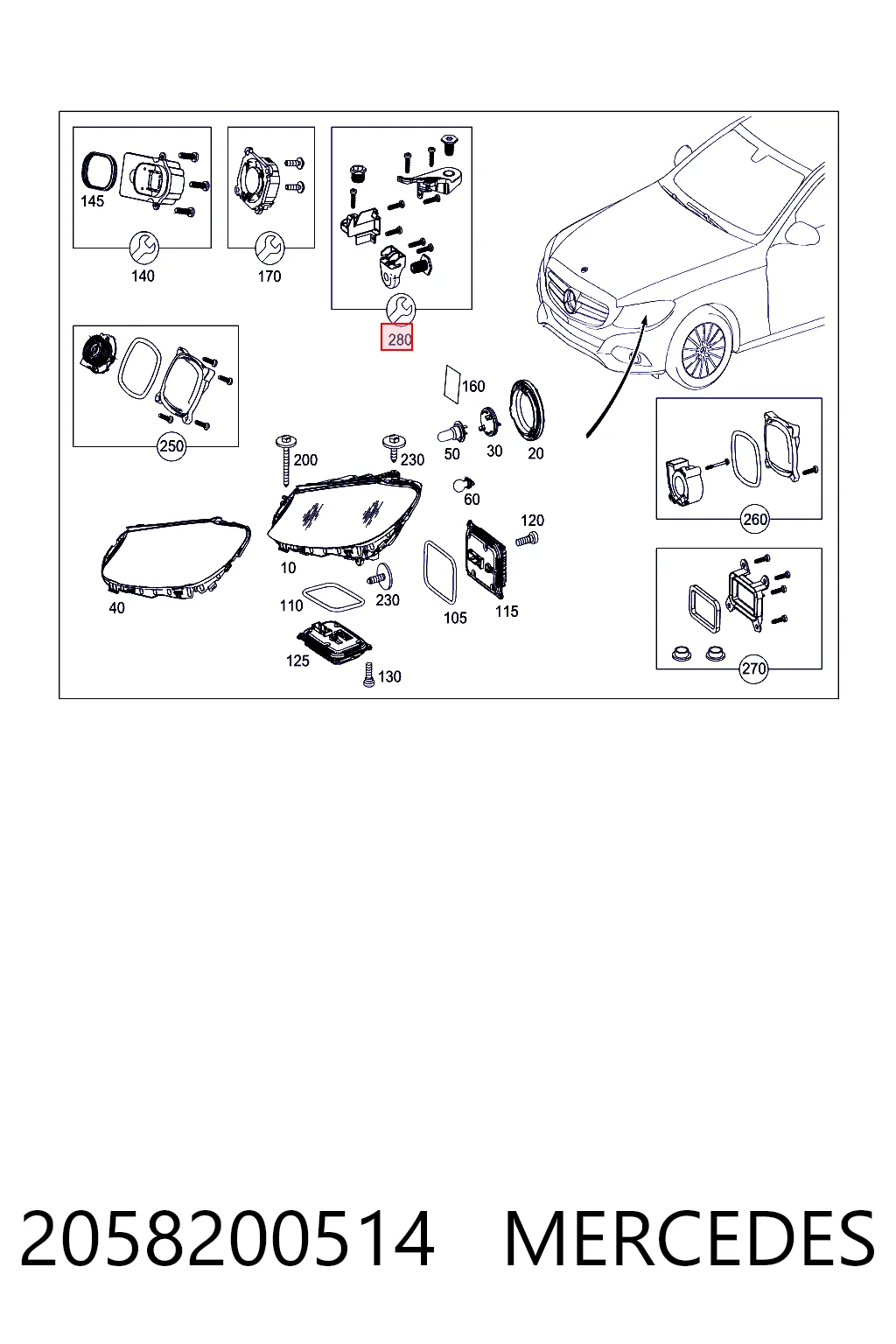 2058200514 Mercedes Consola (adaptador) de fixação da luz dianteira esquerda