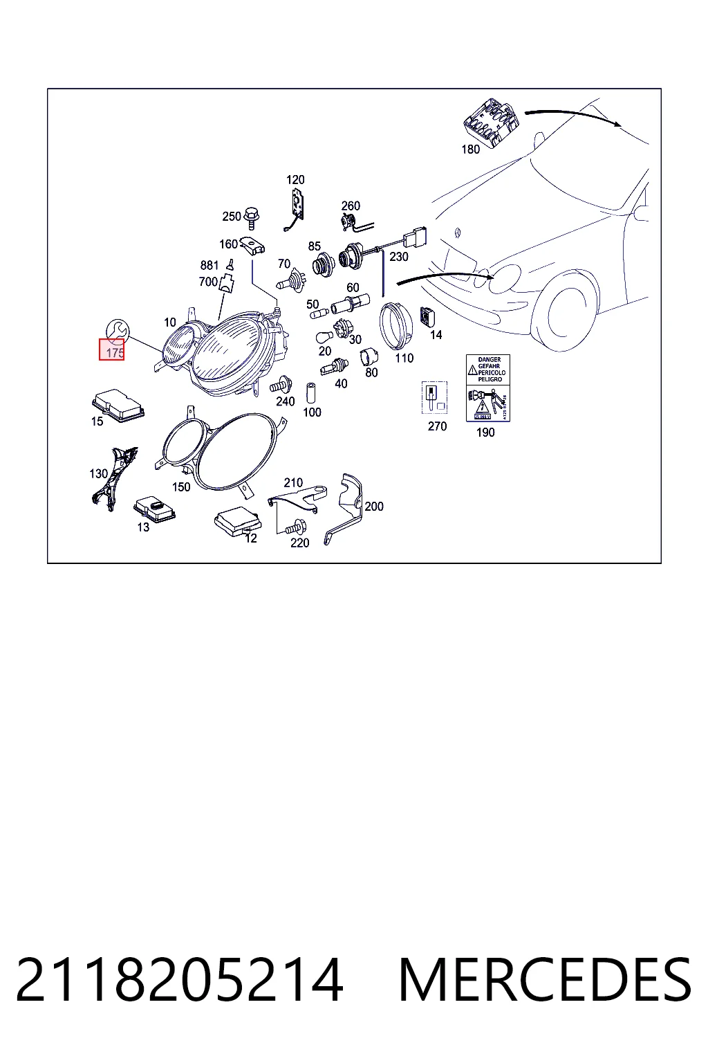 2118205214 Mercedes Consola (adaptador) de fixação da luz dianteira direita