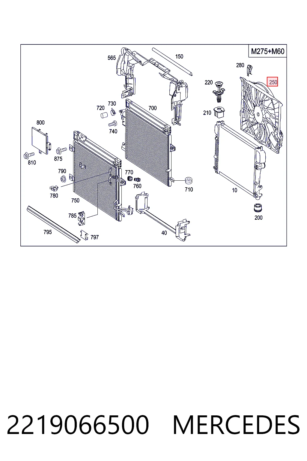 2219066500 Mercedes Difusor do radiador de esfriamento, montado com motor e roda de aletas