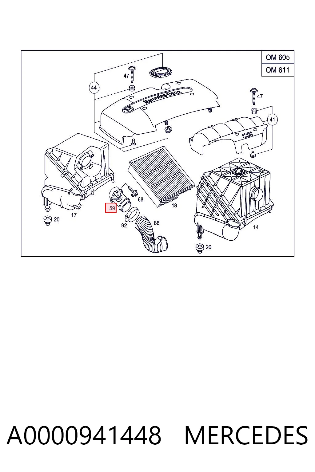 A0000941448 Mercedes Sensor de fluxo (consumo) de ar, medidor de consumo M.A.F. - (Mass Airflow)