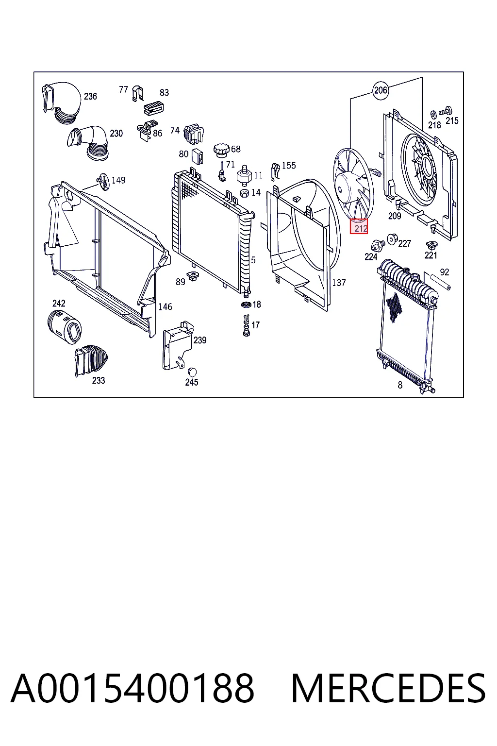 A0015400188 Mercedes Ventilador elétrico de esfriamento montado (motor + roda de aletas)