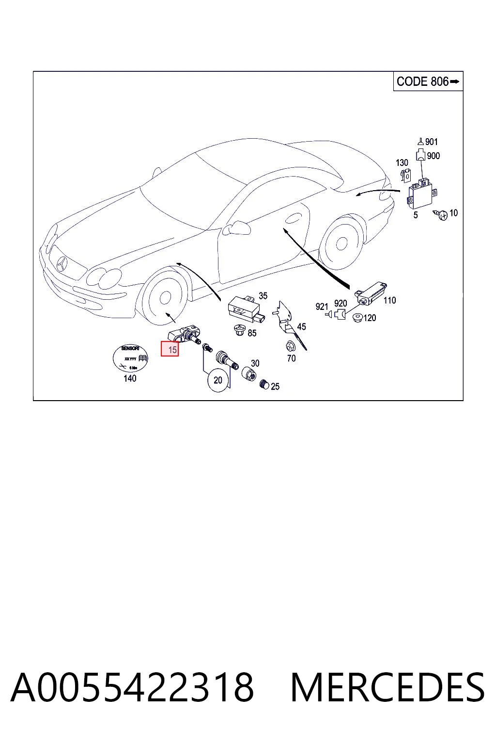 A0055422318 Mercedes Sensor de pressão de ar nos pneus