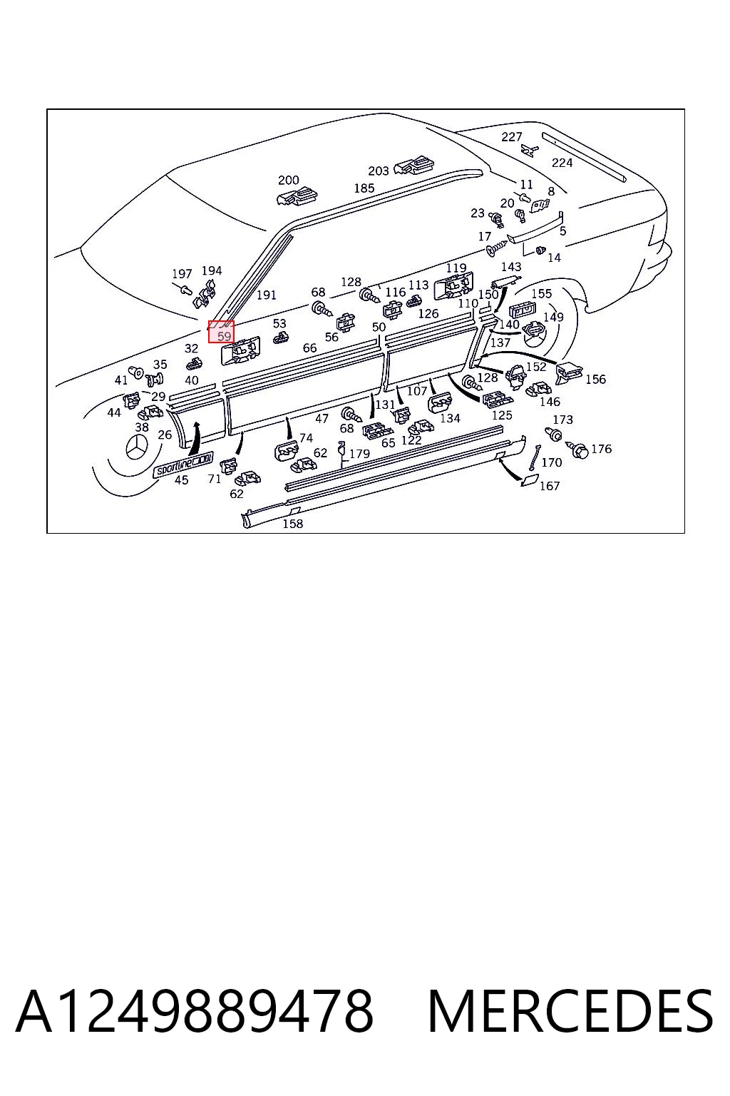A1249889478 Mercedes Braçadeira (cápsula) de fixação de moldura da porta