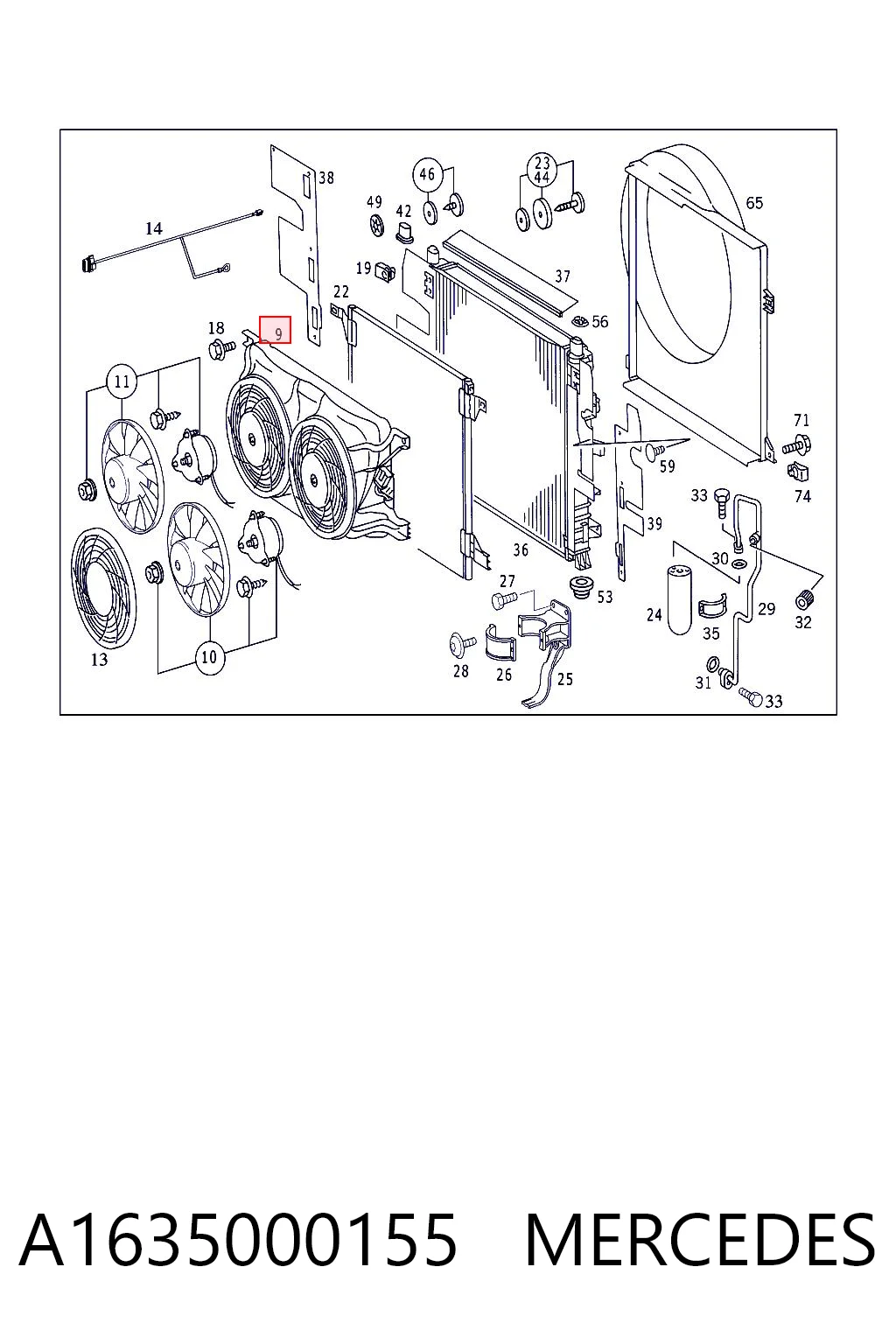 A1635000155 Mercedes Difusor do radiador de esfriamento, montado com motor e roda de aletas
