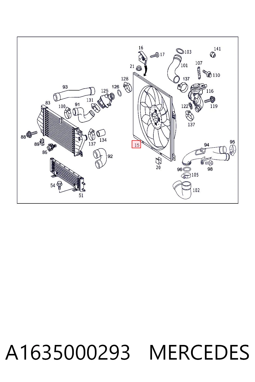 A1635000293 Mercedes Difusor do radiador de esfriamento, montado com motor e roda de aletas