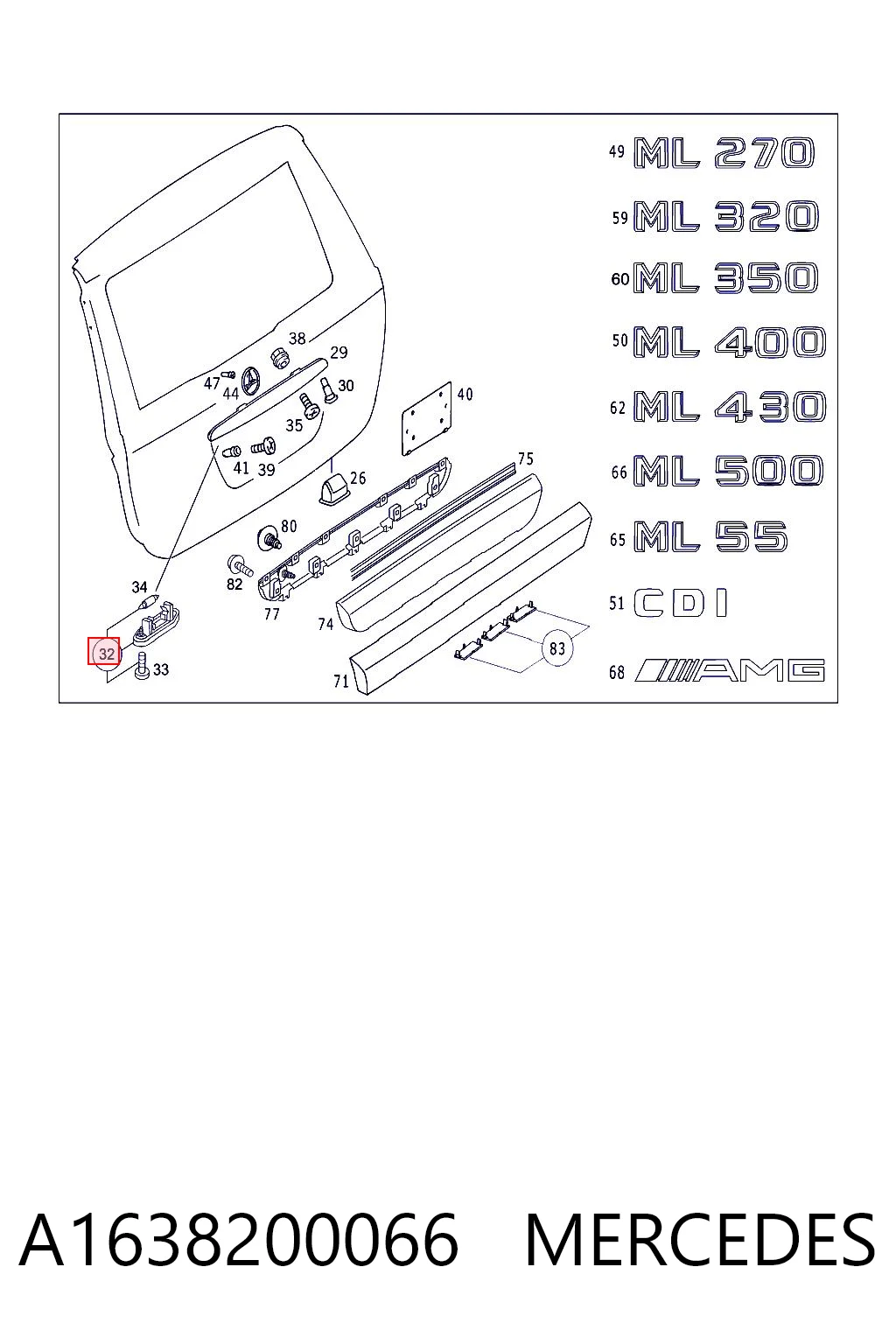 Lanterna da luz de fundo de matrícula traseira Mercedes ML/GLE  W163