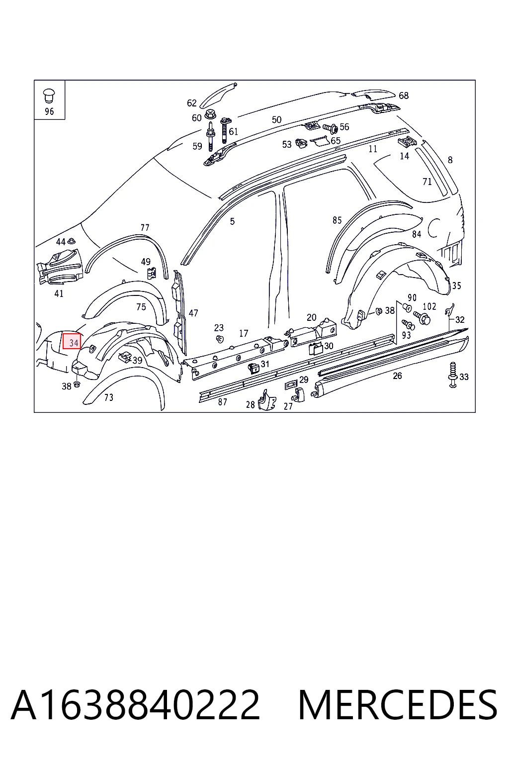 Guarda-barras direito do pára-lama dianteiro para Mercedes ML/GLE  W163