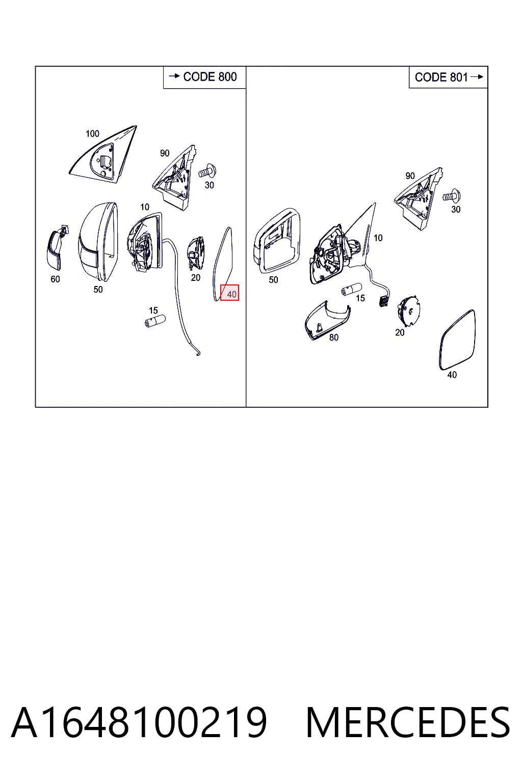A1648100219 Mercedes Elemento espelhado do espelho de retrovisão direito