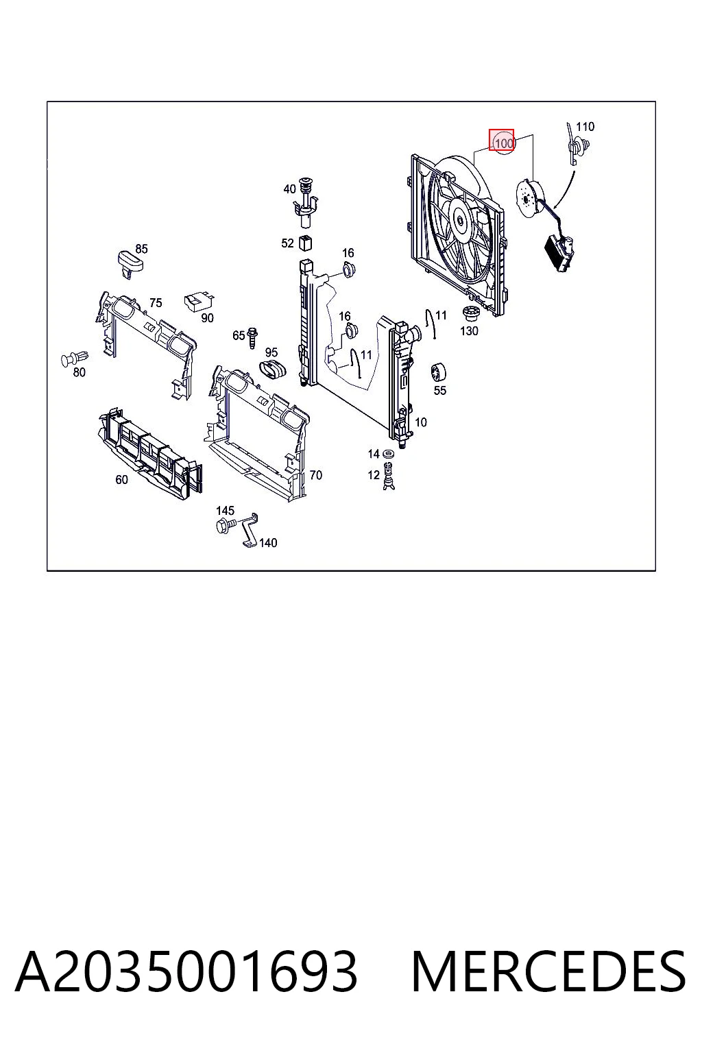 A2035001693 Mercedes Difusor do radiador de esfriamento, montado com motor e roda de aletas