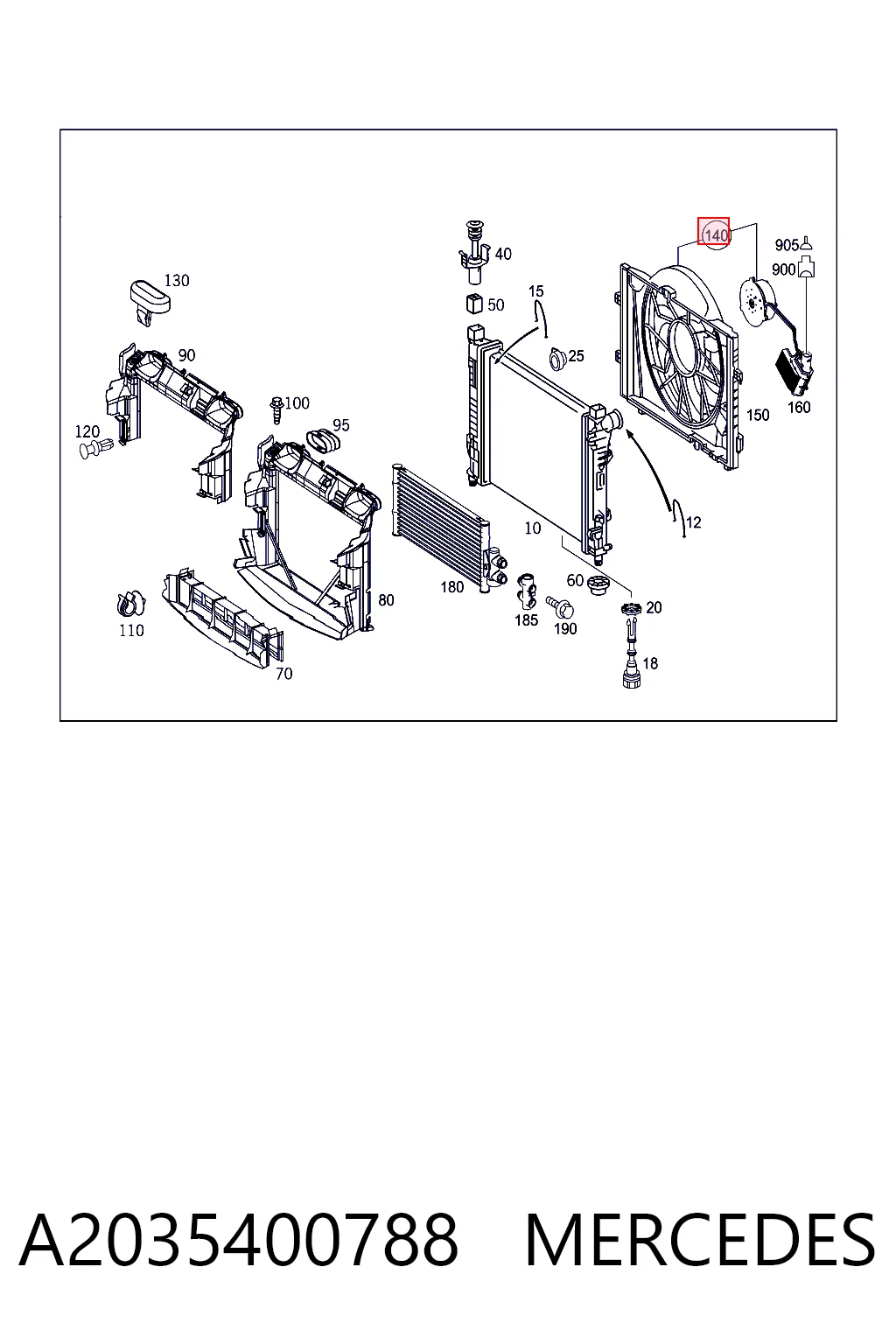 A2035400788 Mercedes Difusor do radiador de esfriamento, montado com motor e roda de aletas