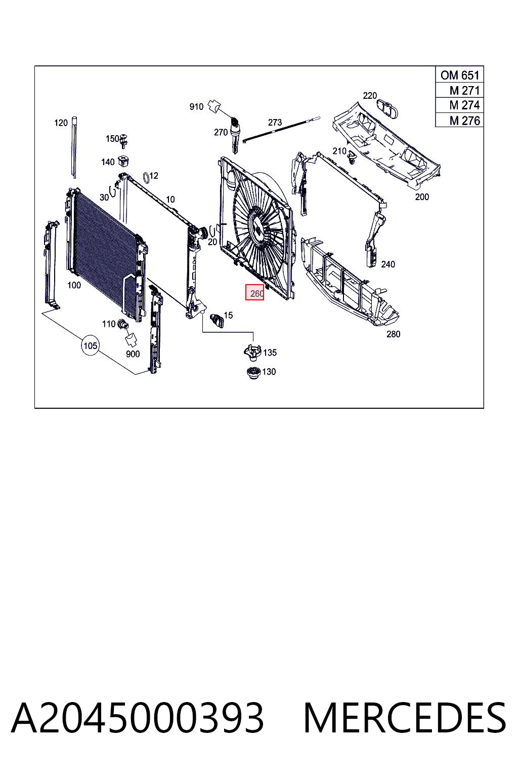 A2045000393 Mercedes Difusor do radiador de esfriamento, montado com motor e roda de aletas