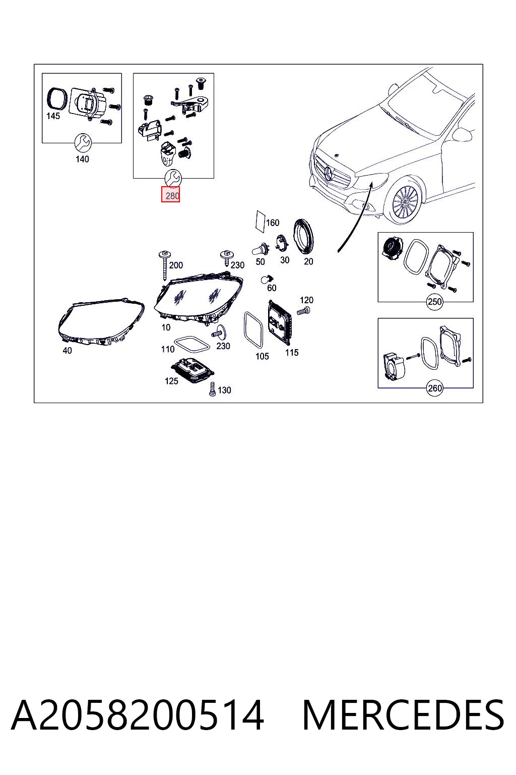 A2058200514 Mercedes Consola (adaptador) de fixação da luz dianteira esquerda