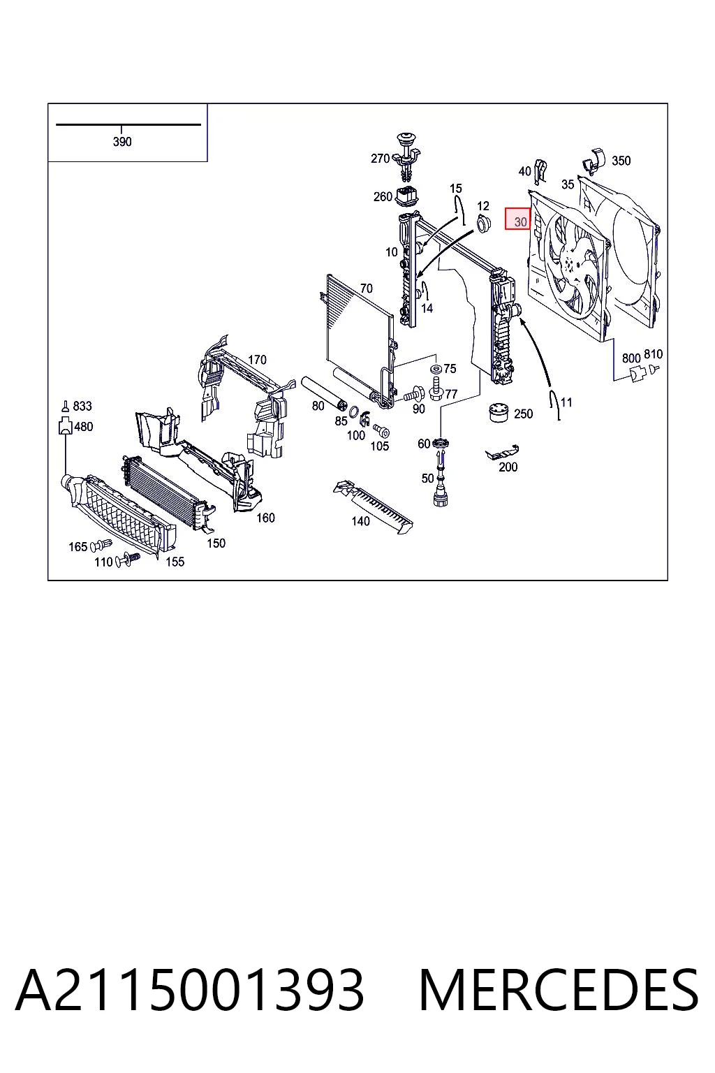 A2115001393 Mercedes Difusor do radiador de esfriamento, montado com motor e roda de aletas