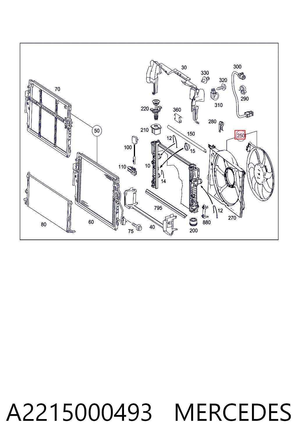 A2215000493 Mercedes Difusor do radiador de esfriamento, montado com motor e roda de aletas