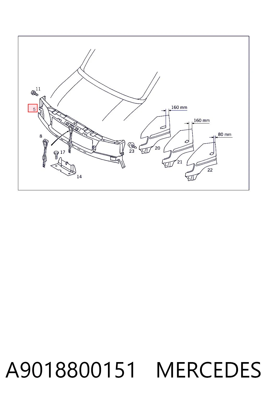 Suporte do radiador montado (painel de montagem de fixação das luzes) Mercedes Sprinter I 2-t 901, 902