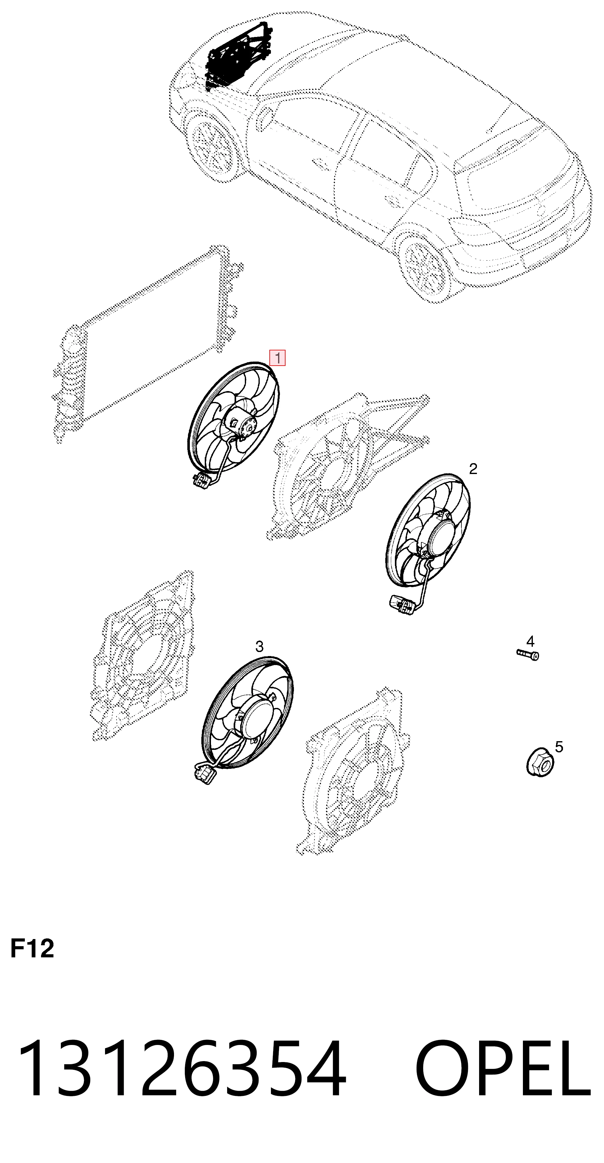 13126354 Opel Ventilador elétrico de esfriamento montado (motor + roda de aletas)