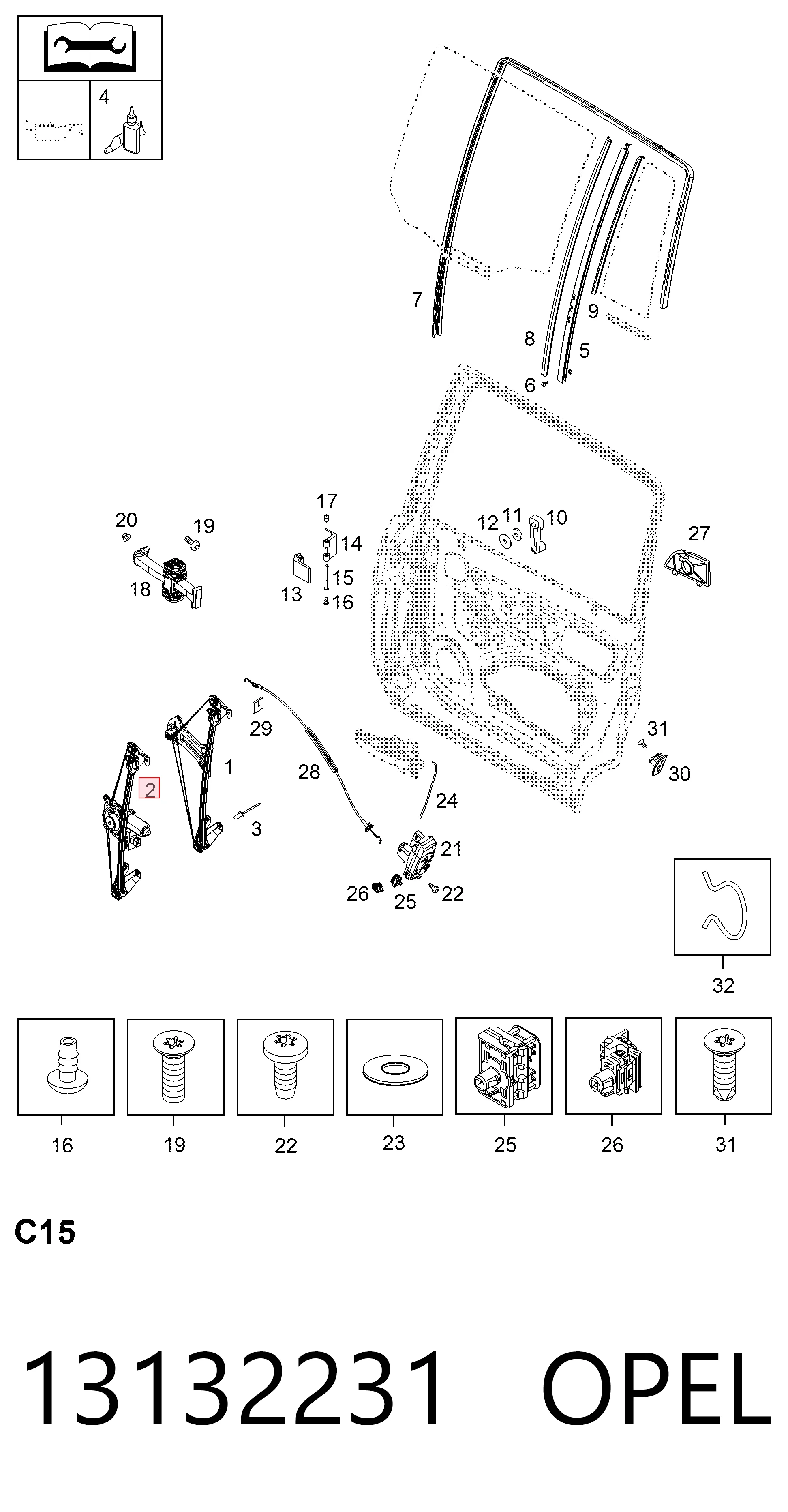 13132231 Opel Mecanismo de acionamento de vidro da porta traseira esquerda