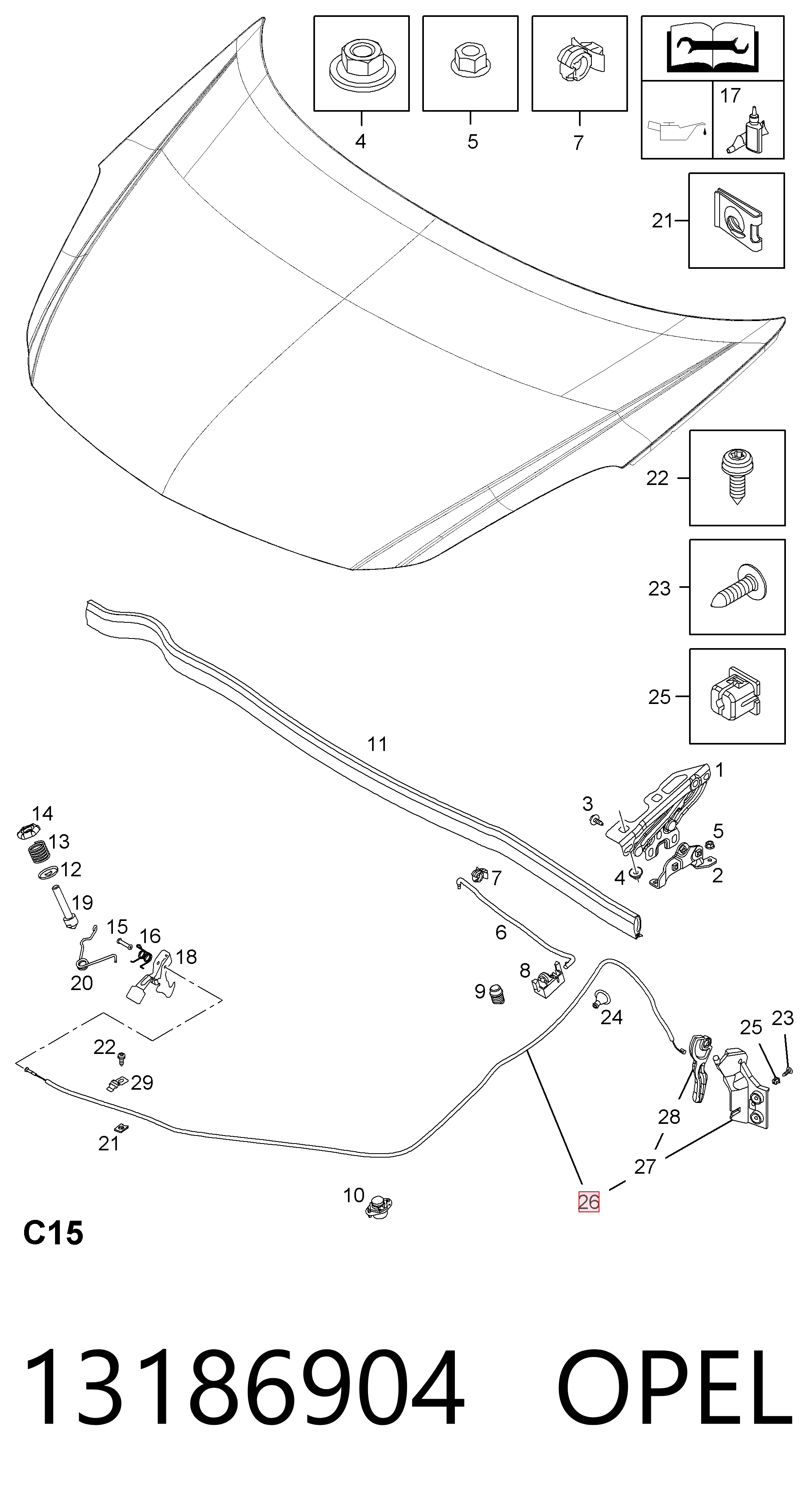 Cabo de abertura da capota para Opel Corsa D S07