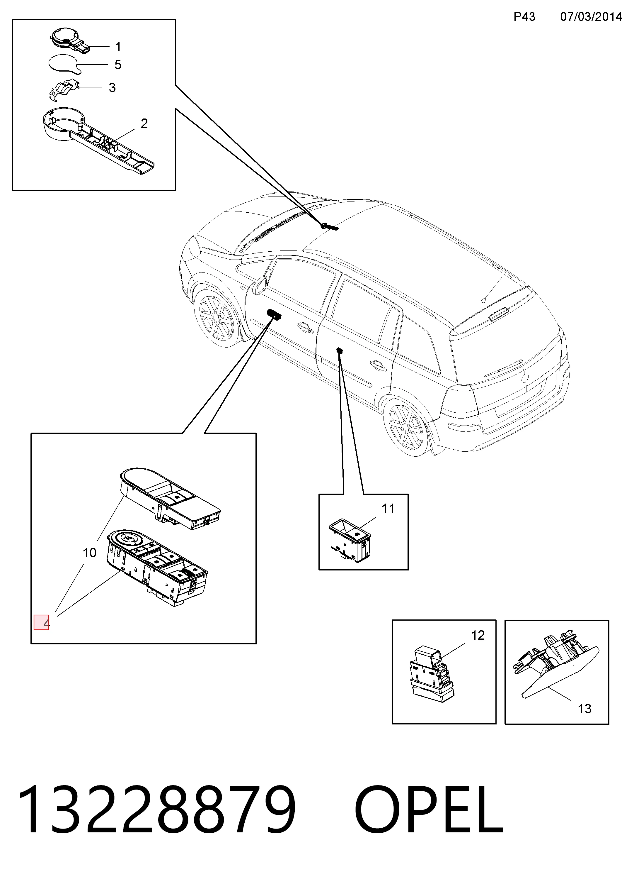 13228879 Opel Unidade de botões dianteira esquerda de controlo de elevador de vidro