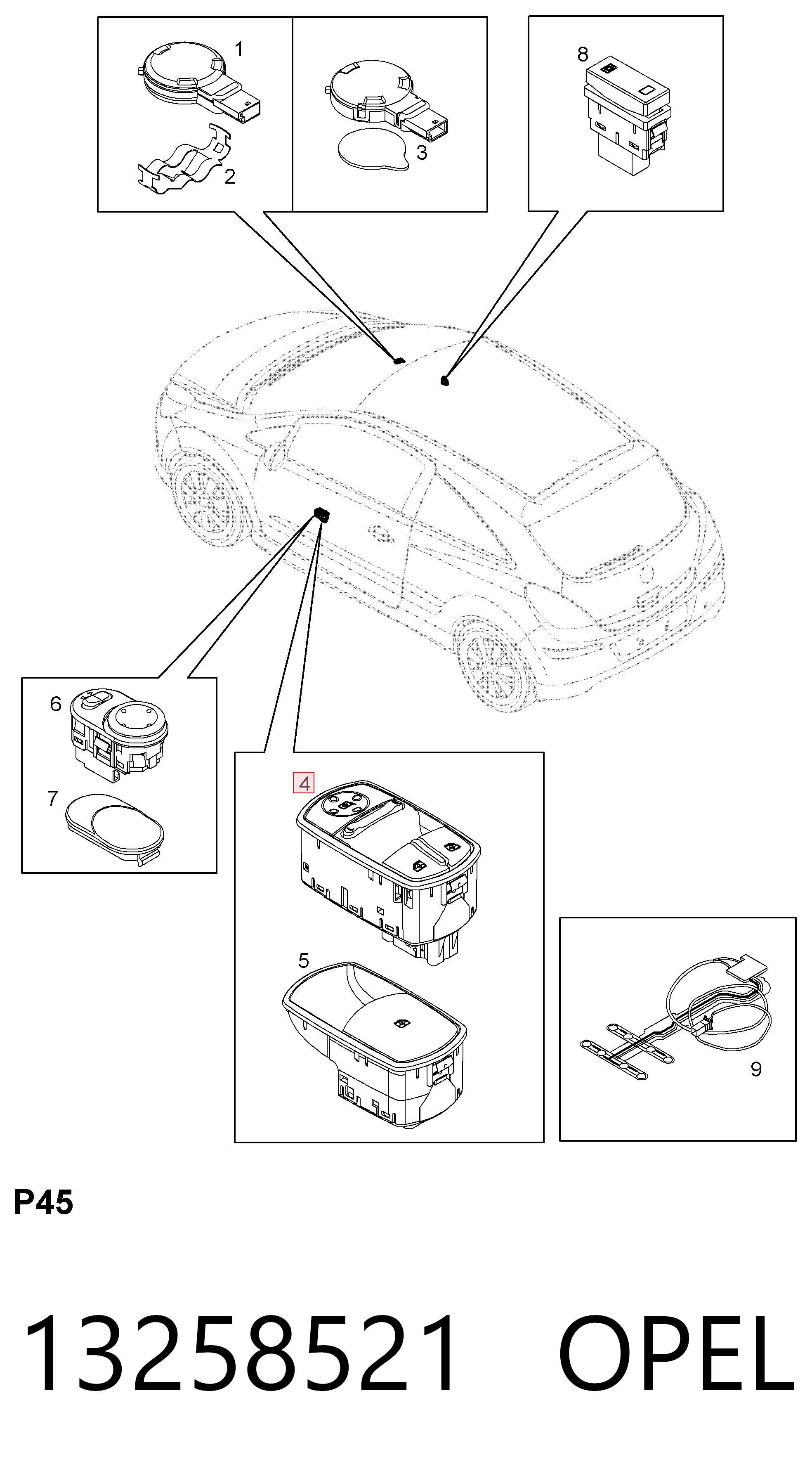 13258521 Opel Unidade de botões dianteira direita de controlo de elevador de vidro