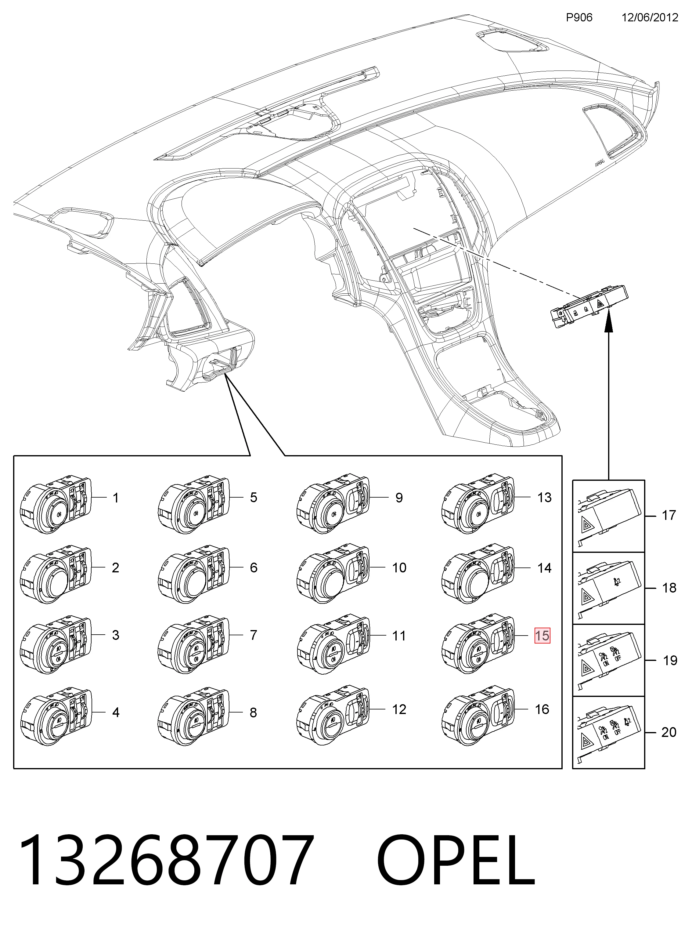 13268707 Opel Comutador das luzes no "painel de instrumentos"