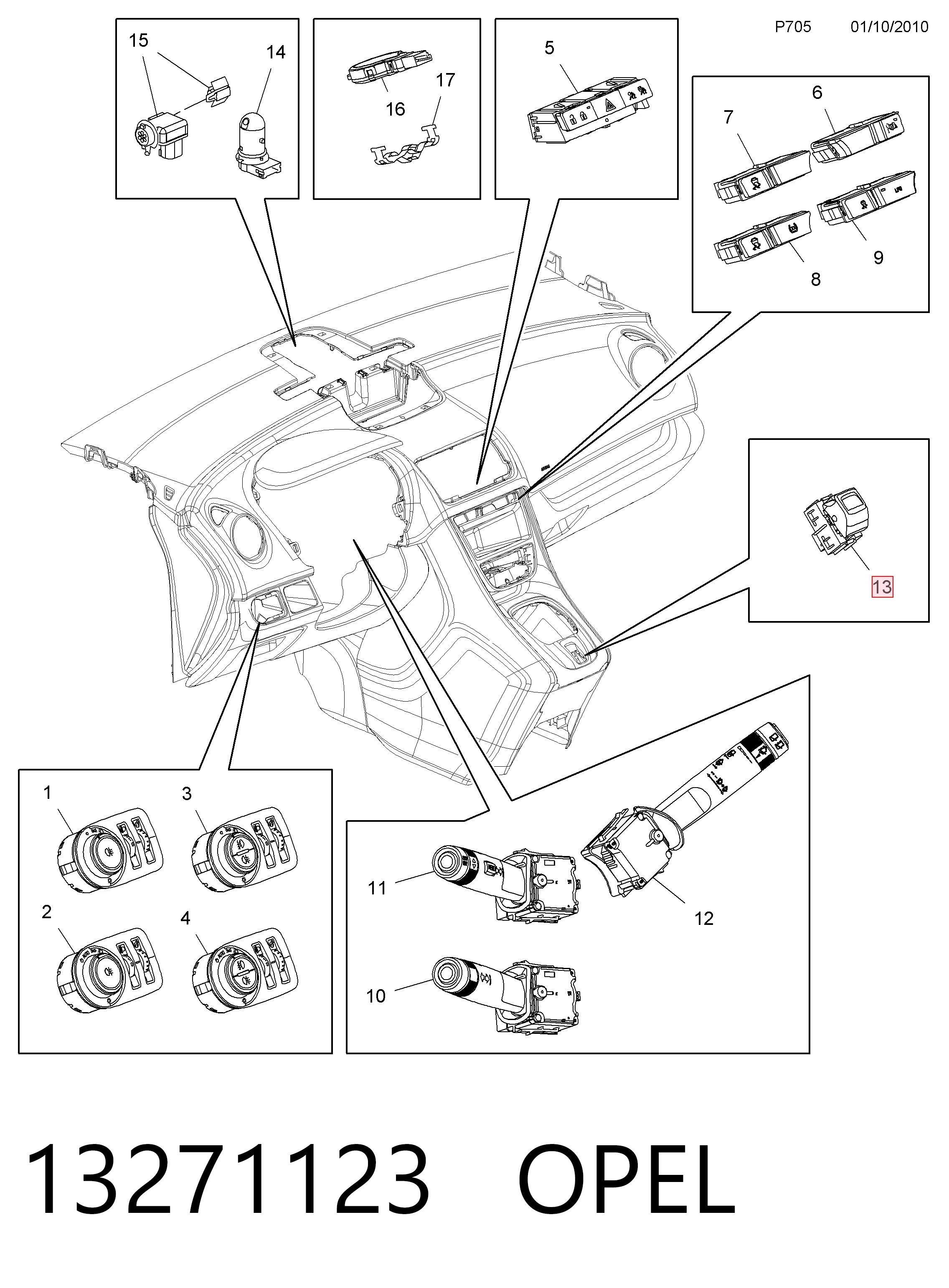 13271123 Opel Tecla do freio de estacionamento eletromecânico