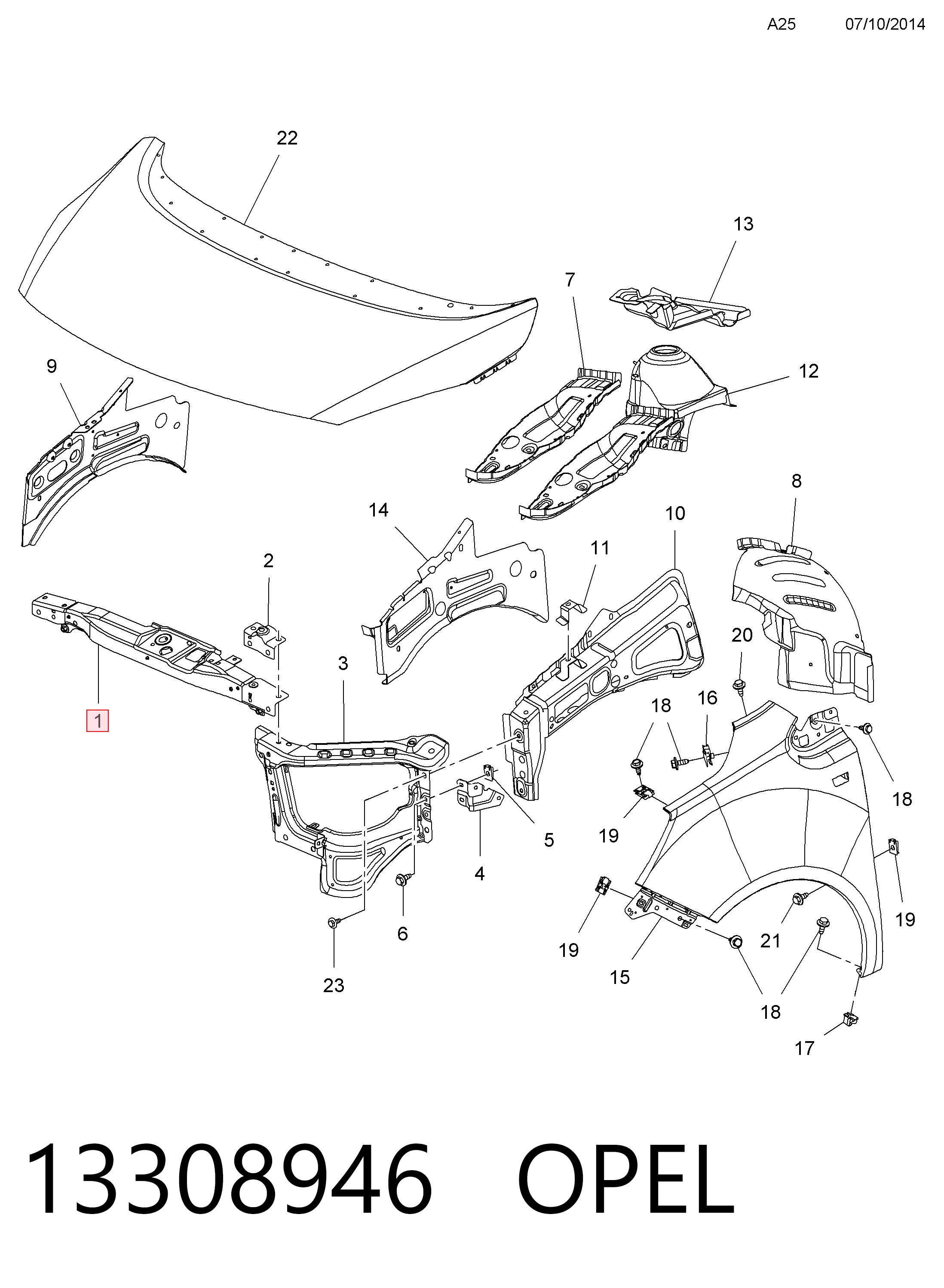  Suporte do radiador montado (painel de montagem de fixação das luzes) Opel Meriva B monovolume (2010 - 2017) B