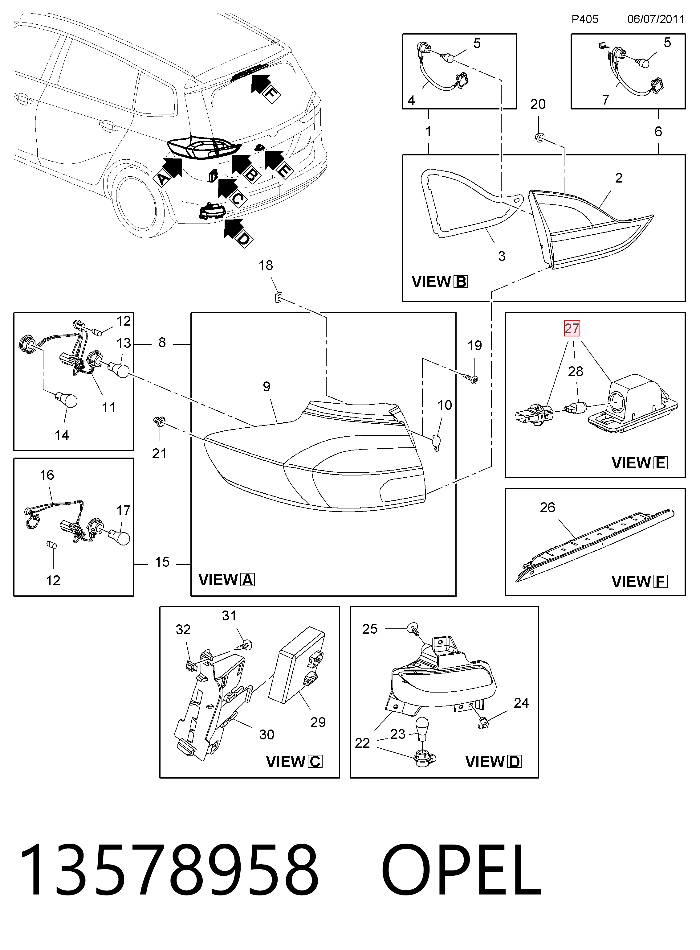 13578958 Opel Lanterna da luz de fundo de matrícula traseira
