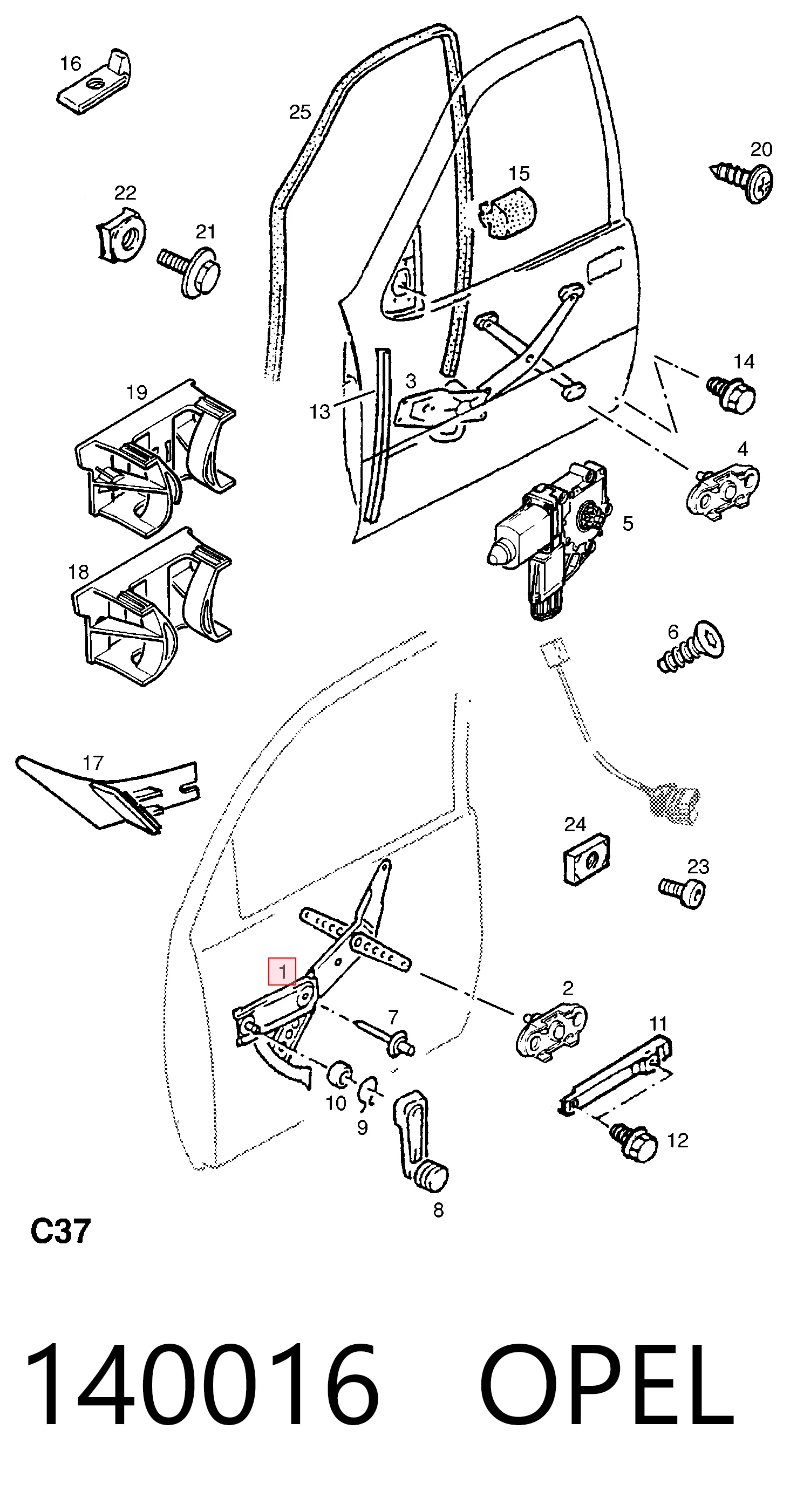  Mecanismo de acionamento de vidro da porta dianteira direita Opel Omega B sedan (25, 26, 27) (1994 - 2005) B
