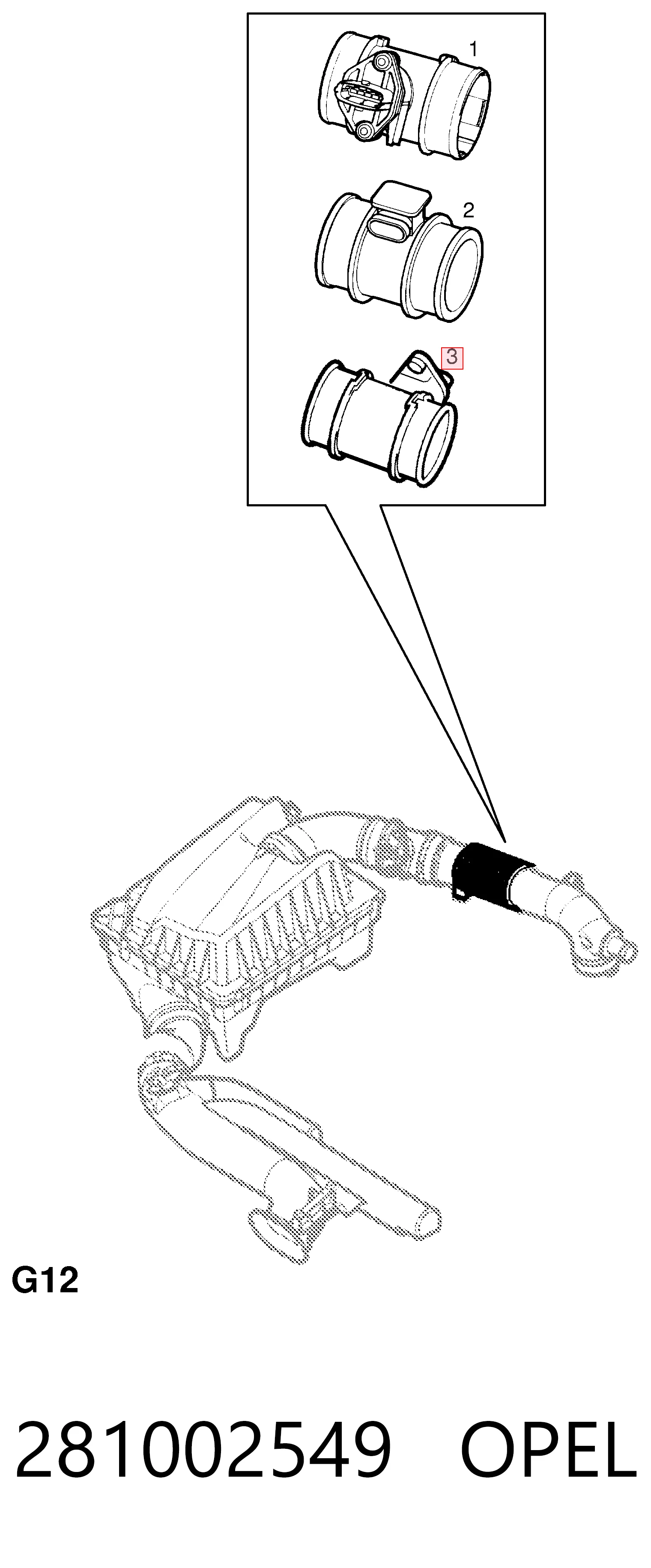 281002549 Opel Sensor de fluxo (consumo) de ar, medidor de consumo M.A.F. - (Mass Airflow)