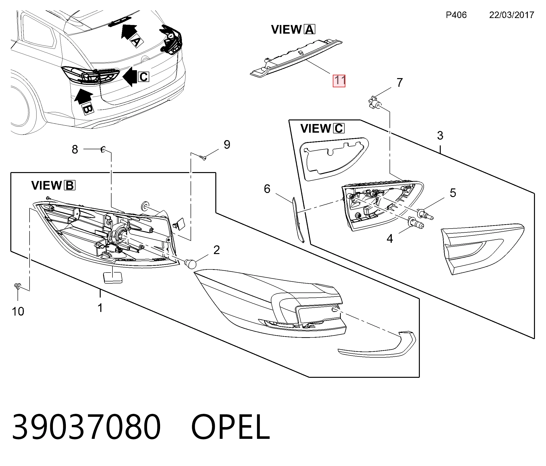 Sinal de parada traseiro adicional Opel Astra K 