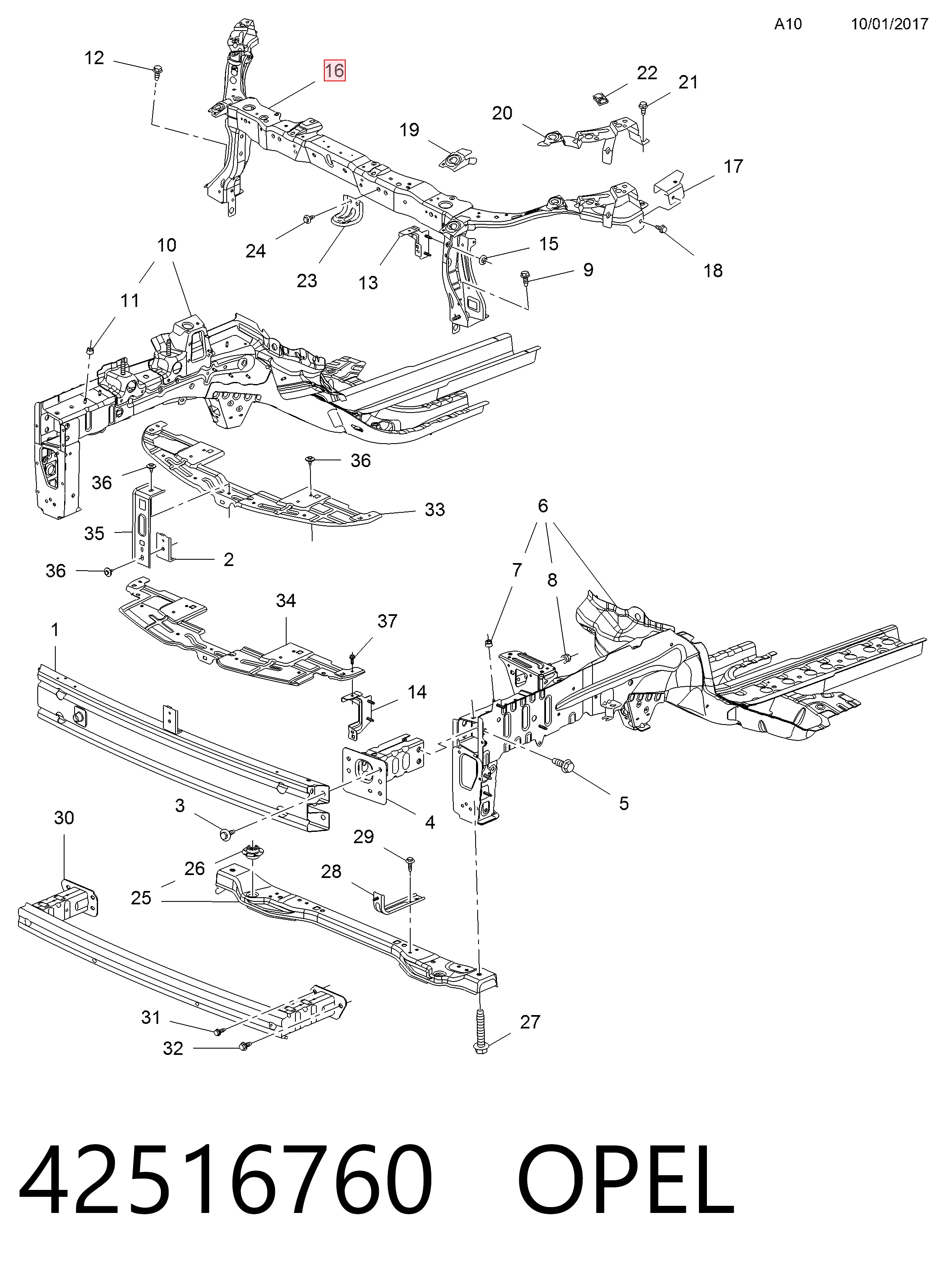 Suporte do radiador montado (painel de montagem de fixação das luzes) Opel Mokka I J13