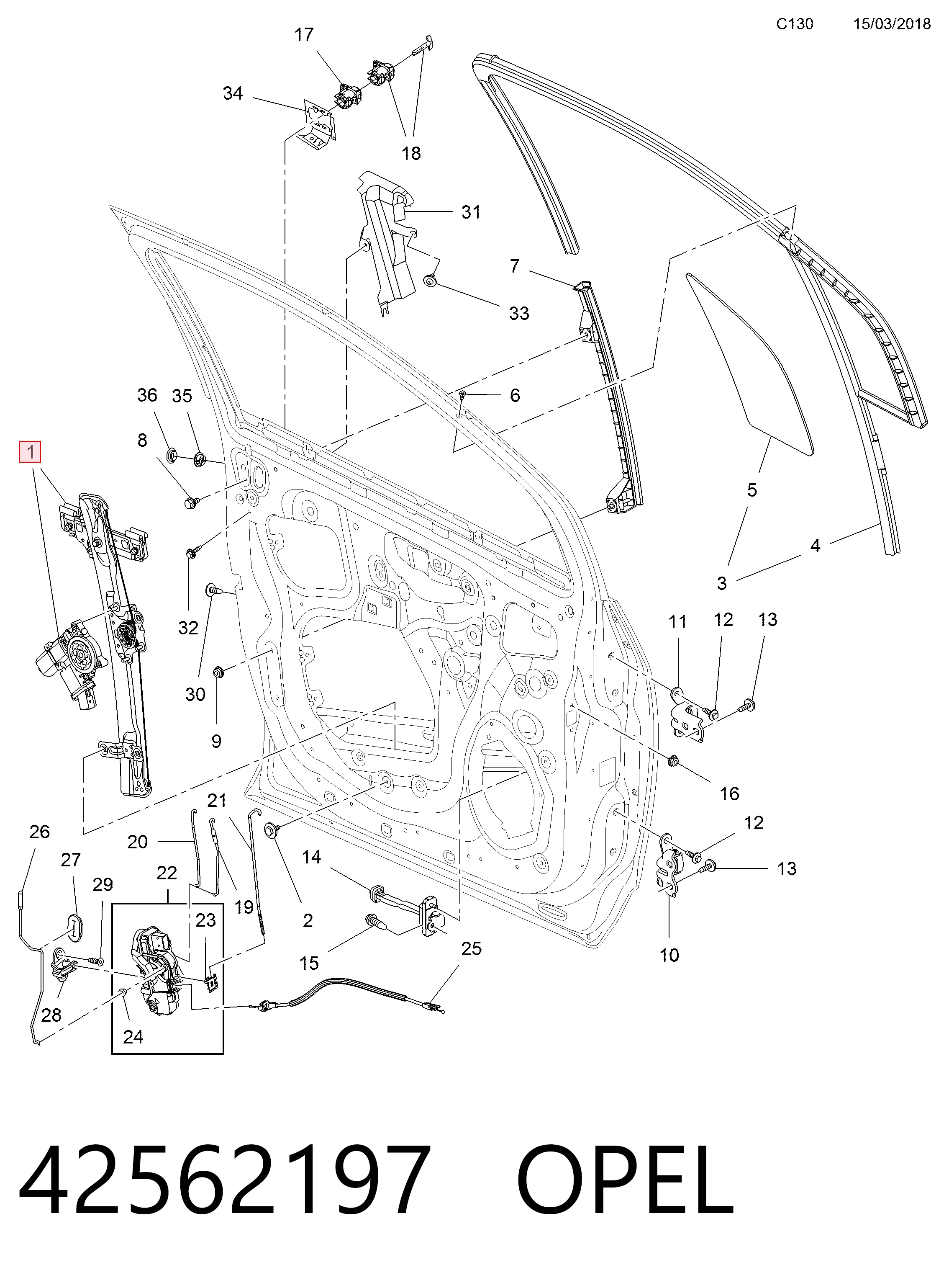 Mecanismo de acionamento de vidro da porta dianteira direita para Opel Mokka I J13