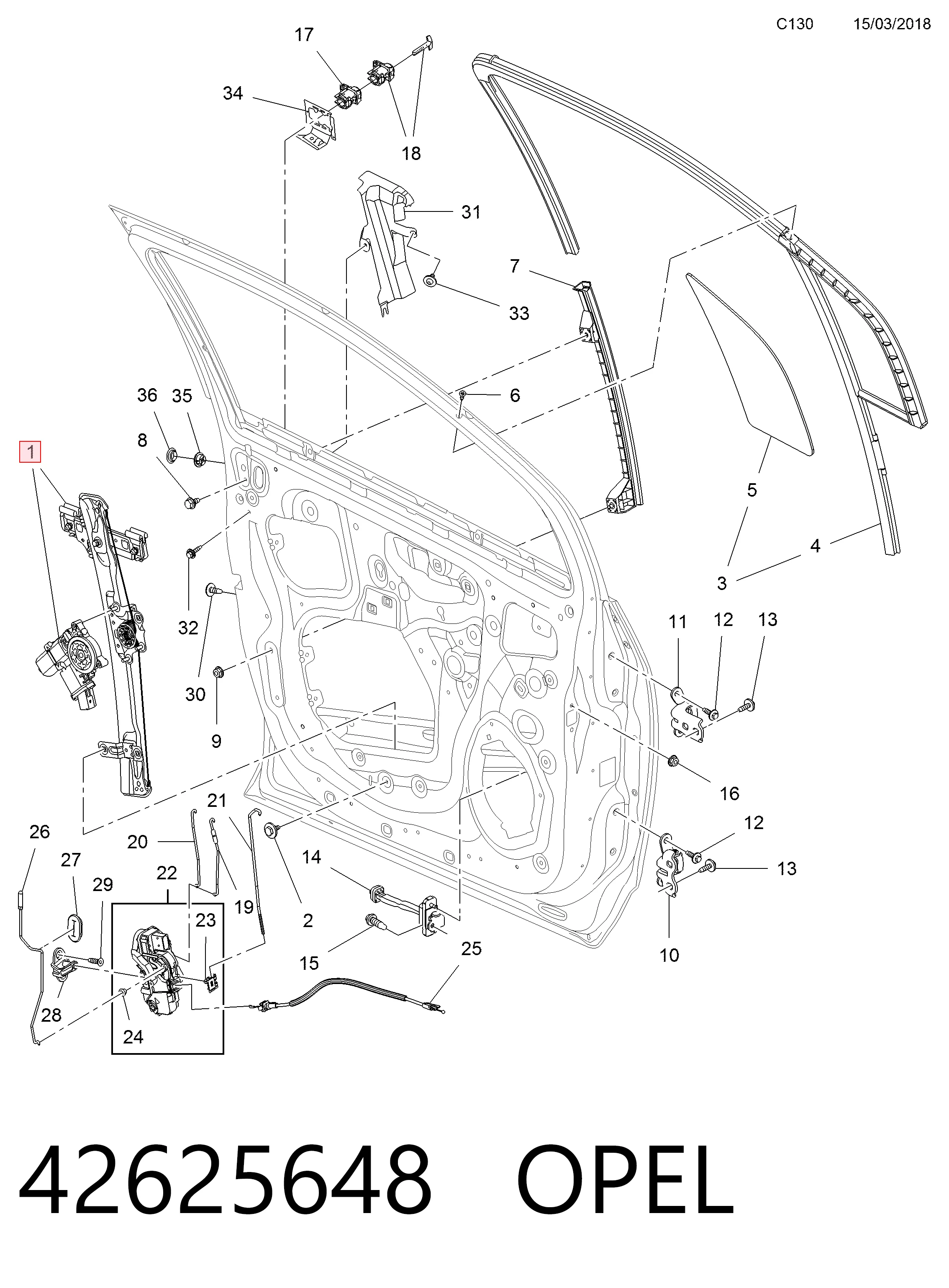Mecanismo de acionamento de vidro da porta dianteira direita Opel Mokka I J13
