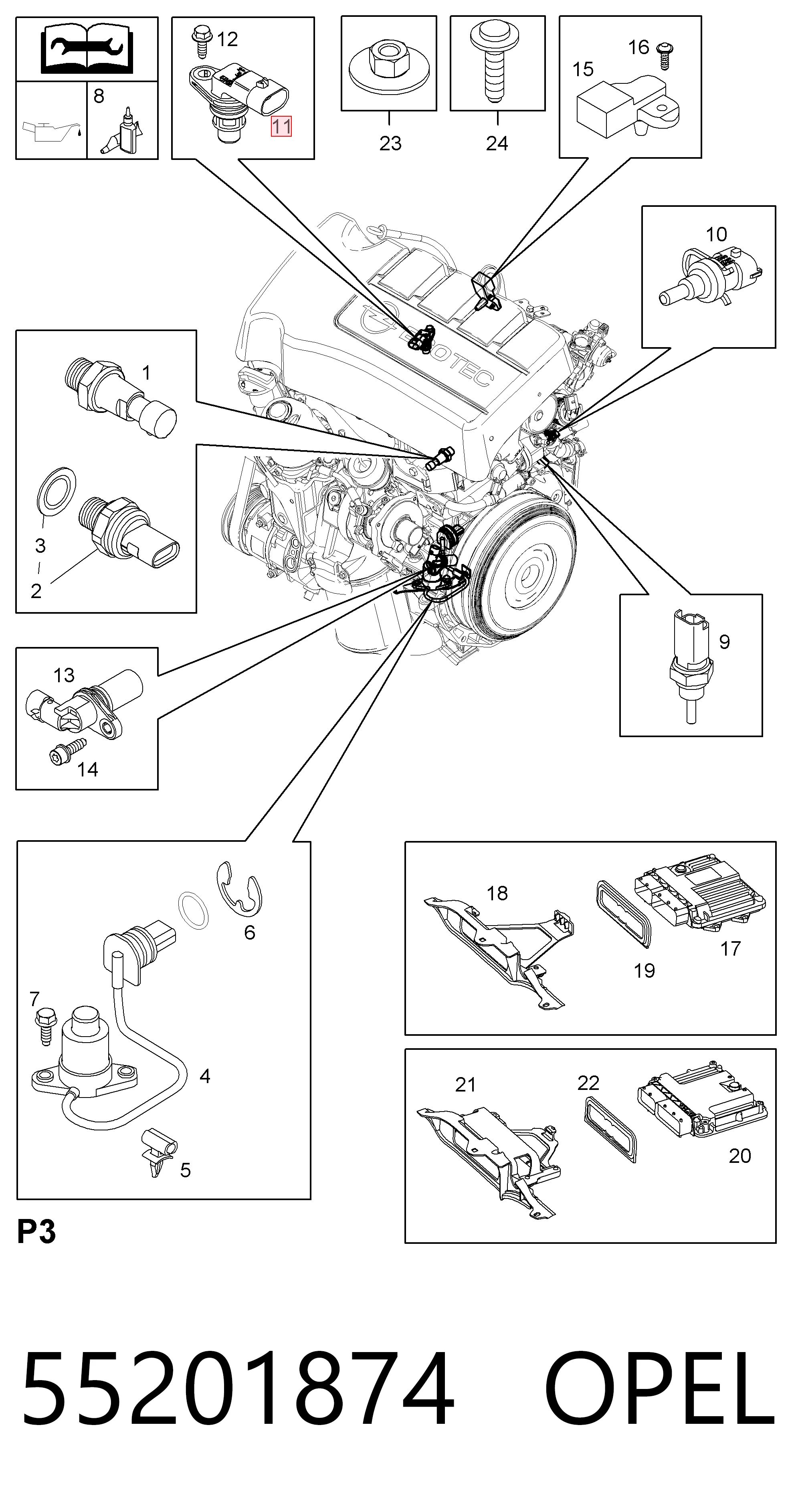 55201874 Opel Sensor de posição da árvore distribuidora