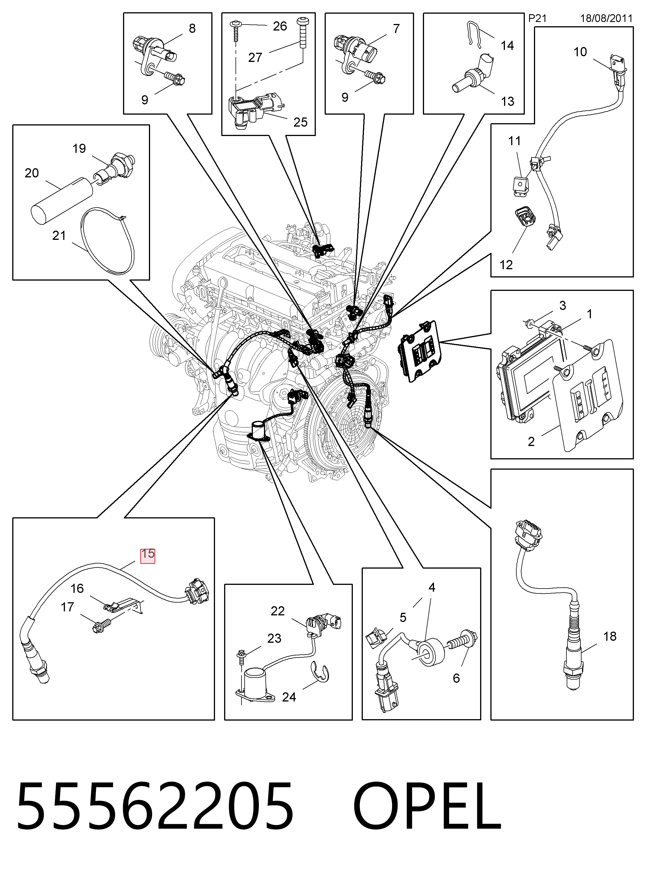 55562205 Opel Sonda lambda, sensor direito de oxigênio depois de catalisador