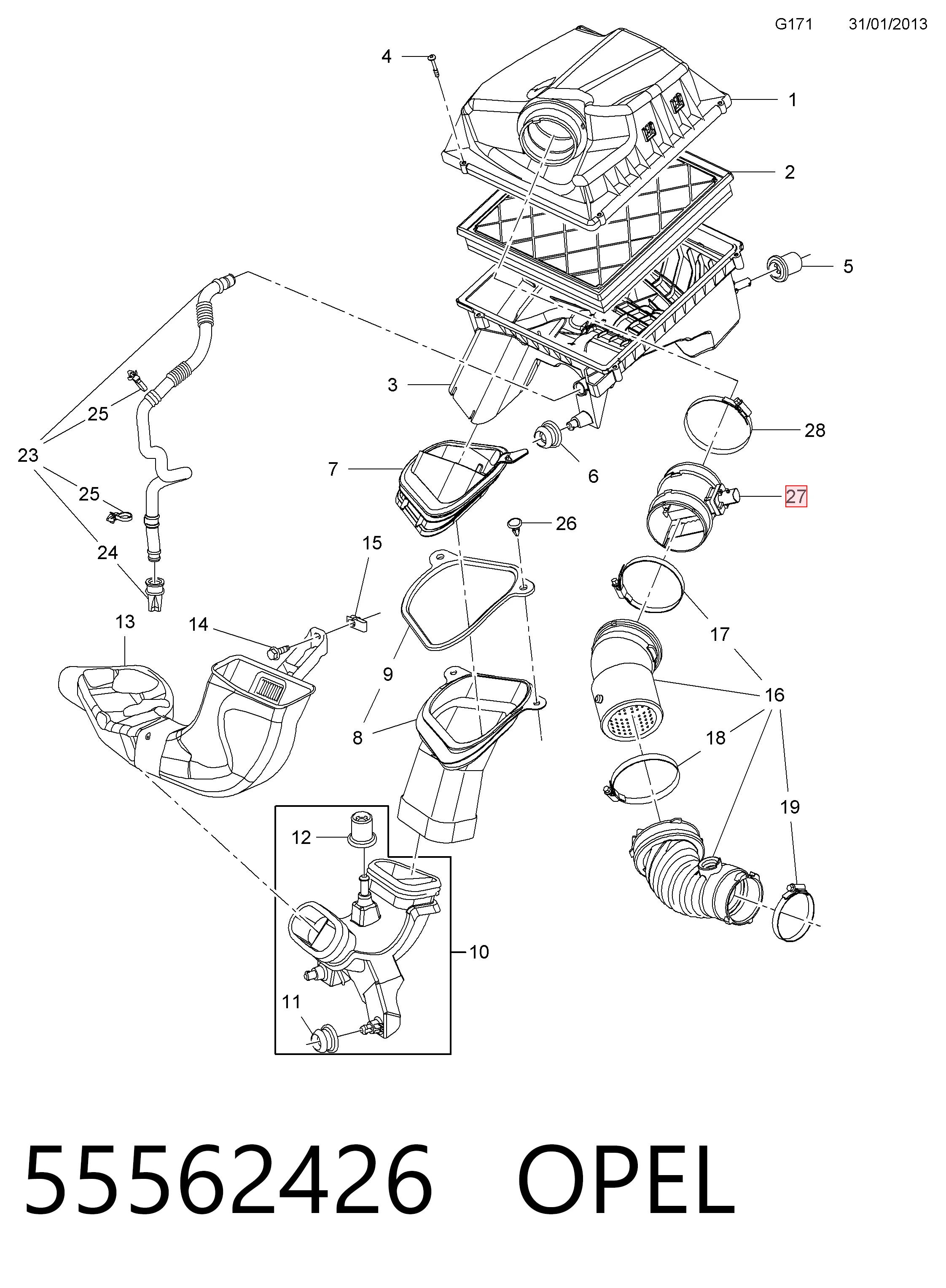 55562426 Opel Sensor de fluxo (consumo) de ar, medidor de consumo M.A.F. - (Mass Airflow)
