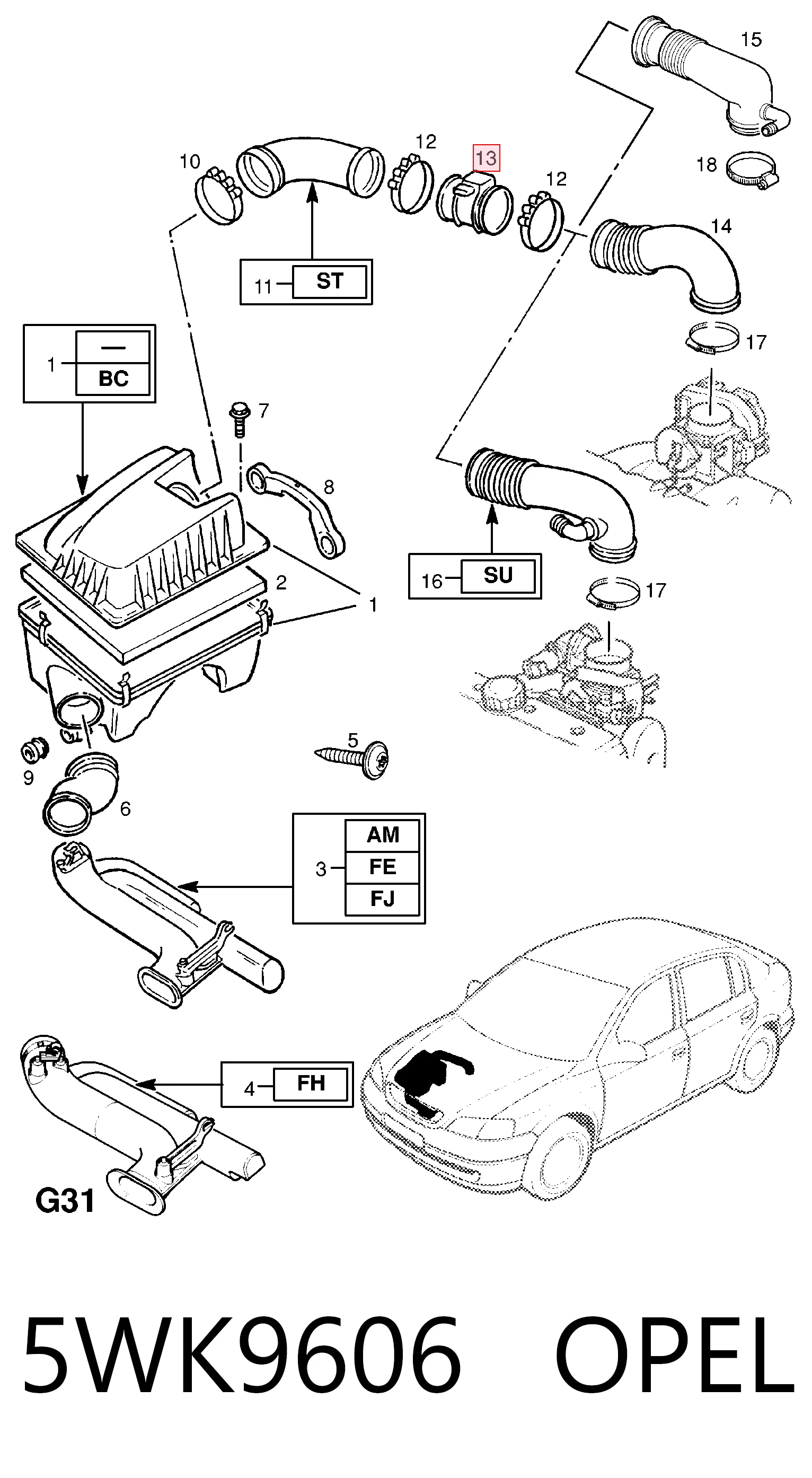 5WK9606 Opel Sensor de fluxo (consumo) de ar, medidor de consumo M.A.F. - (Mass Airflow)