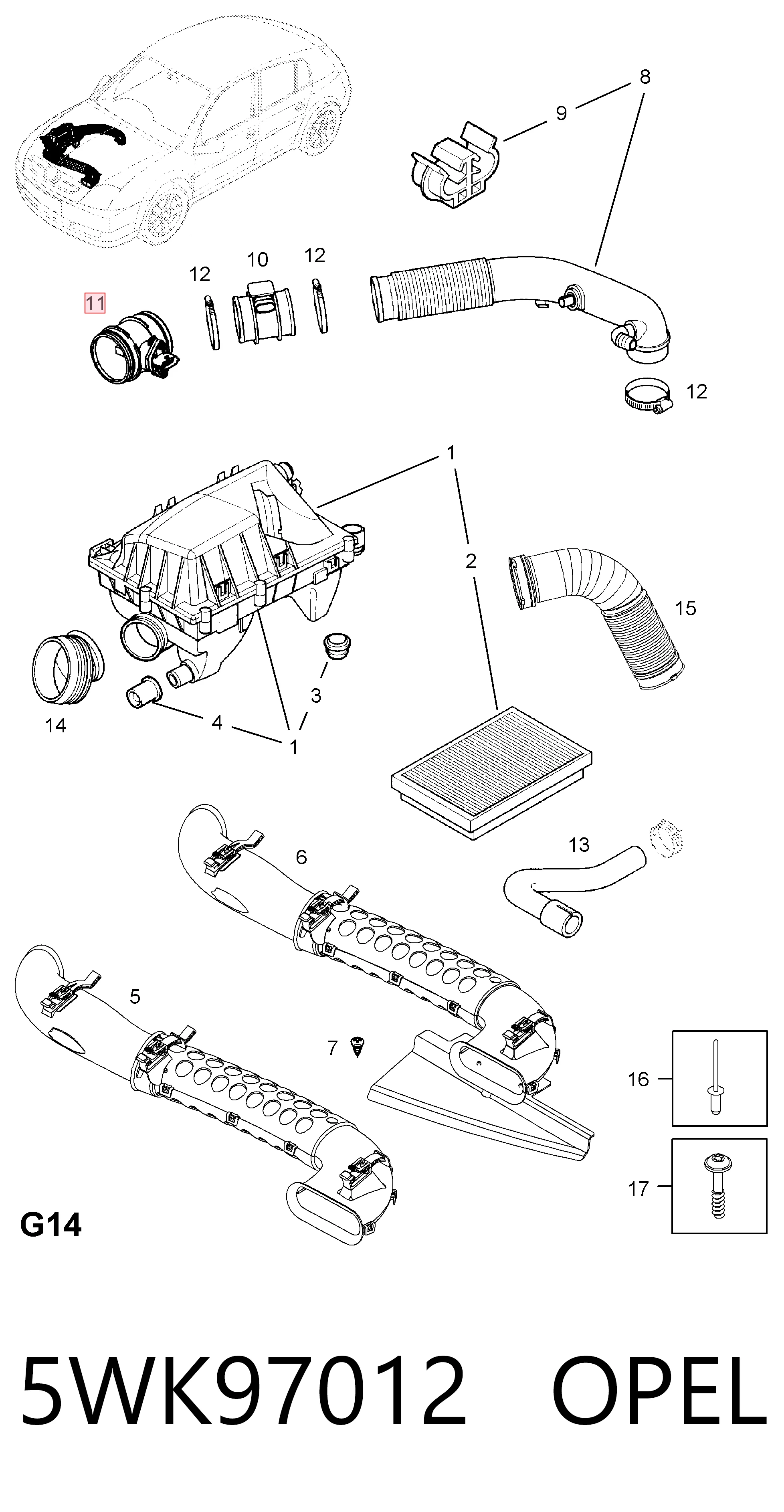 5WK97012 Opel Sensor de fluxo (consumo) de ar, medidor de consumo M.A.F. - (Mass Airflow)