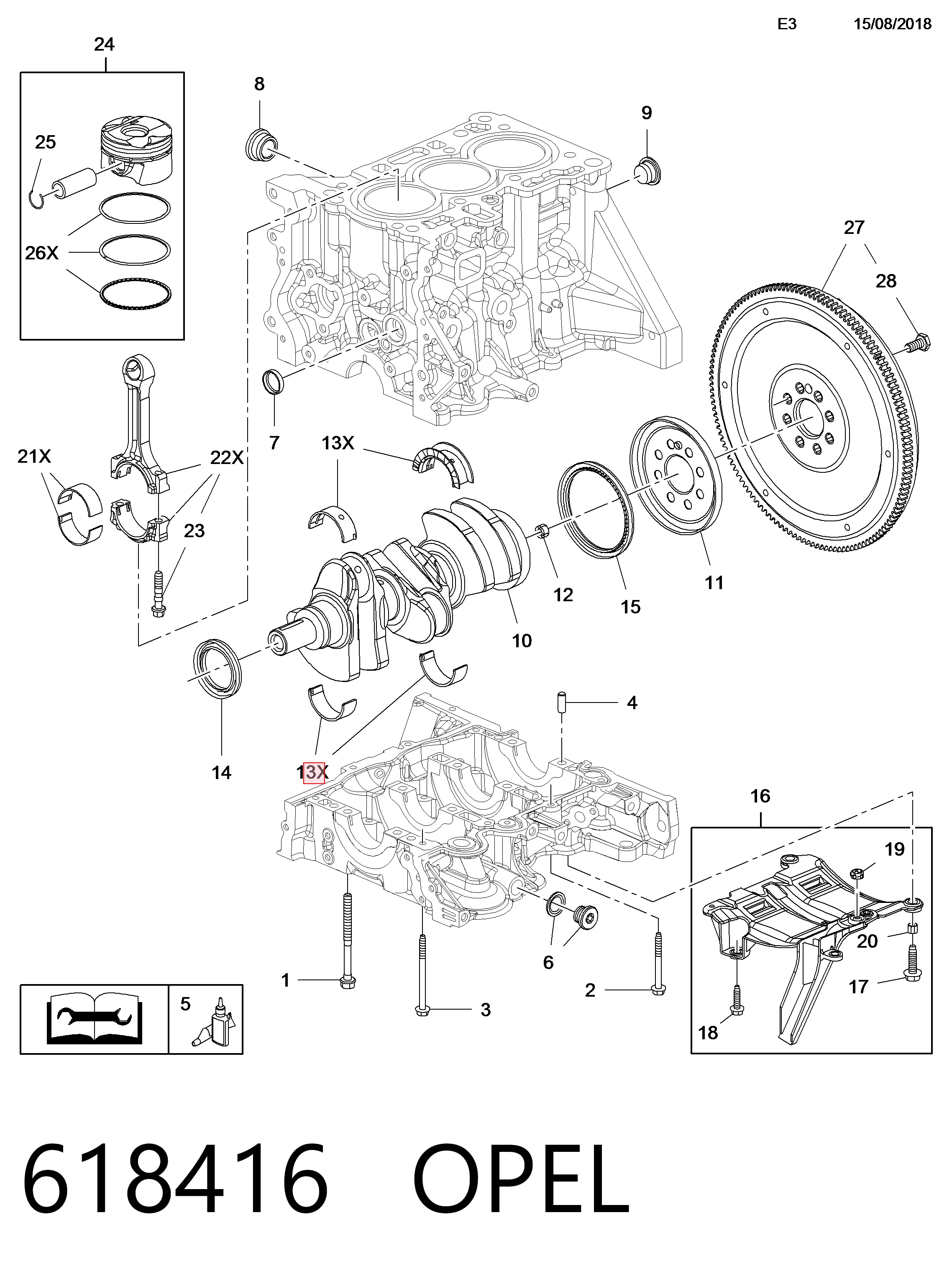 618416 Opel Folhas inseridas principais de cambota, kit, padrão (STD)